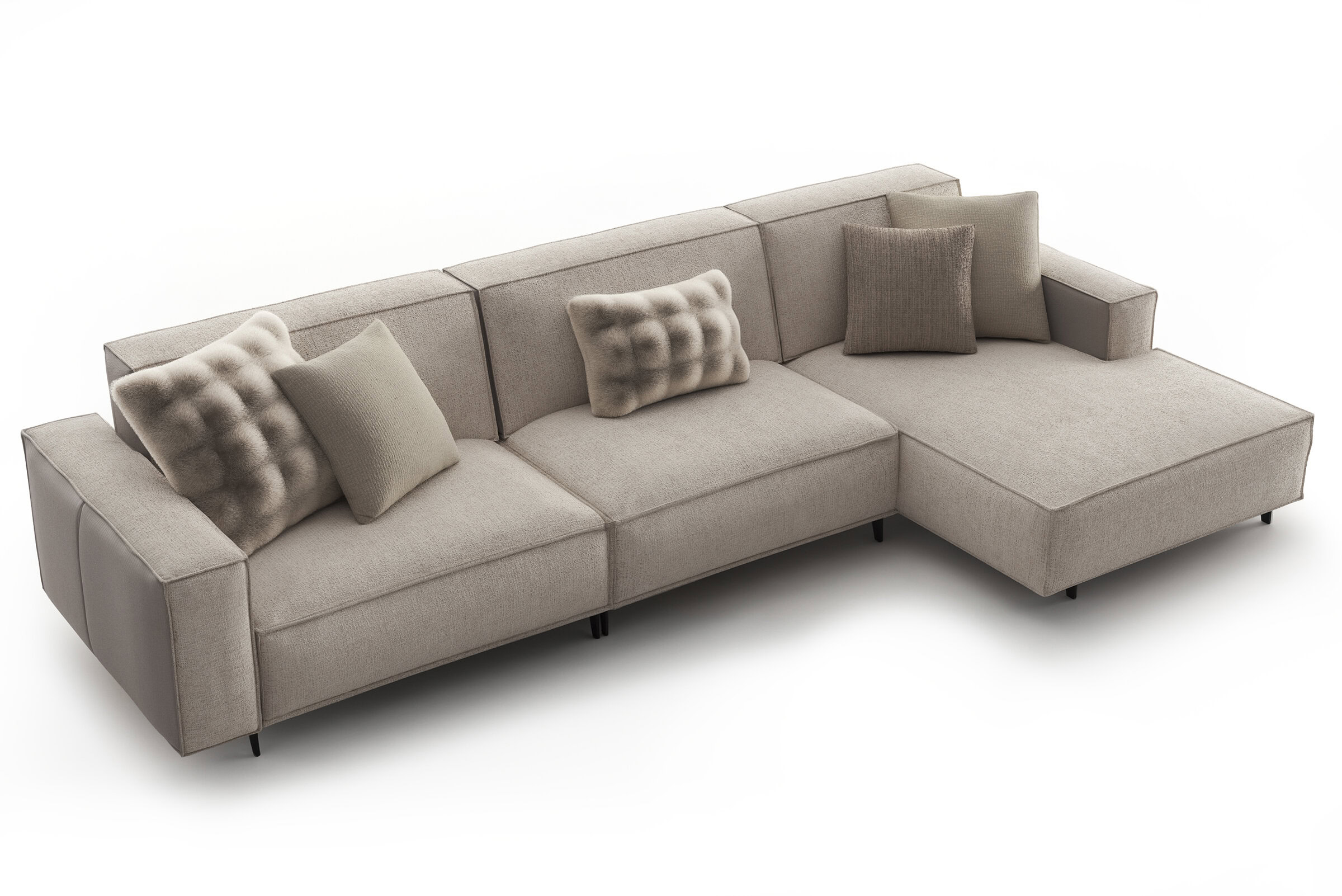 Elegant beige sectional sofa with plush cushions, ideal for contemporary living rooms, offering comfort and style. Perfect for family gatherings and relaxing at home.