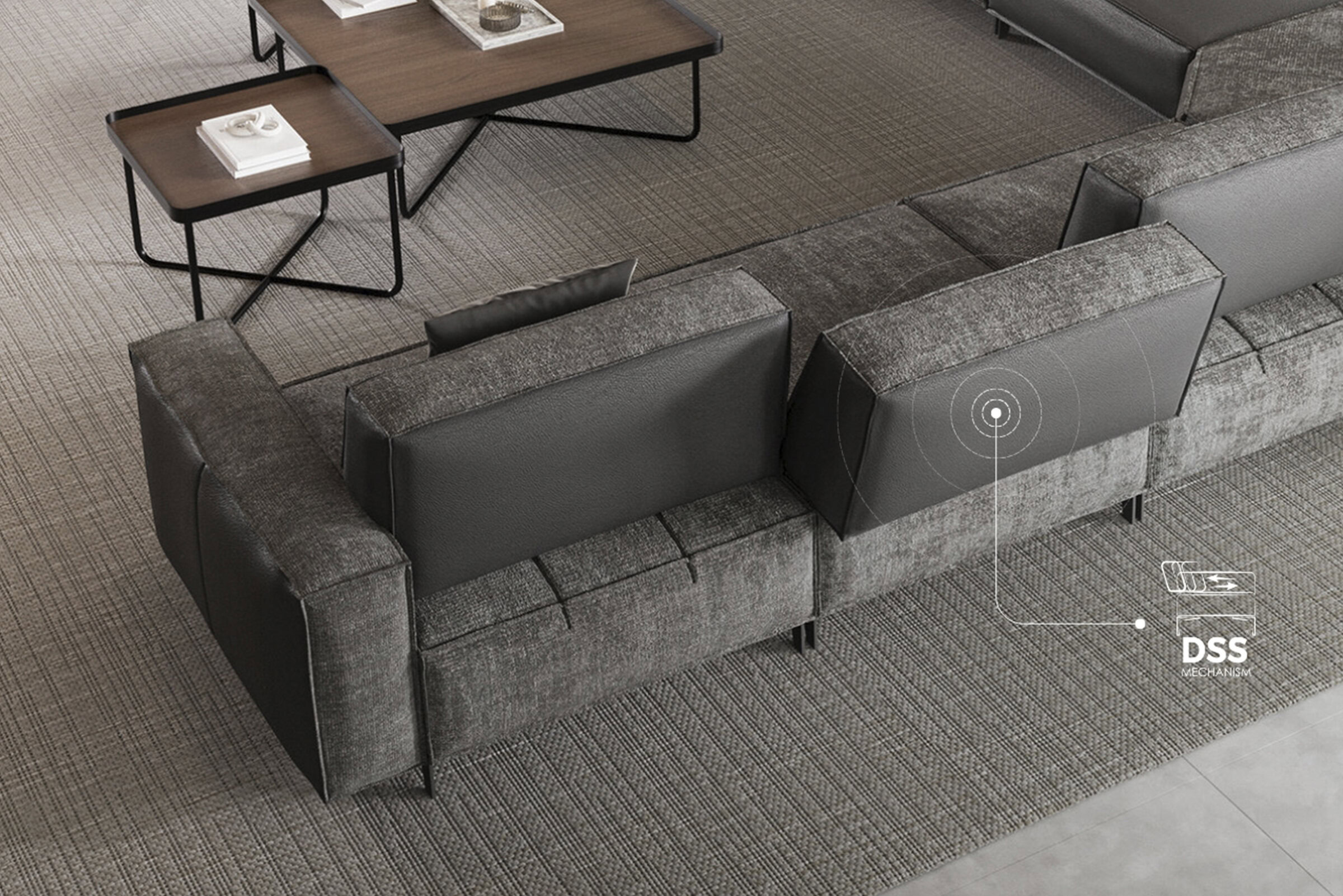 Contemporary gray and black upholstered sofa with modular design, perfect for modern living rooms, featuring durable materials and customizable DSS mechanism for enhanced comfort and style.