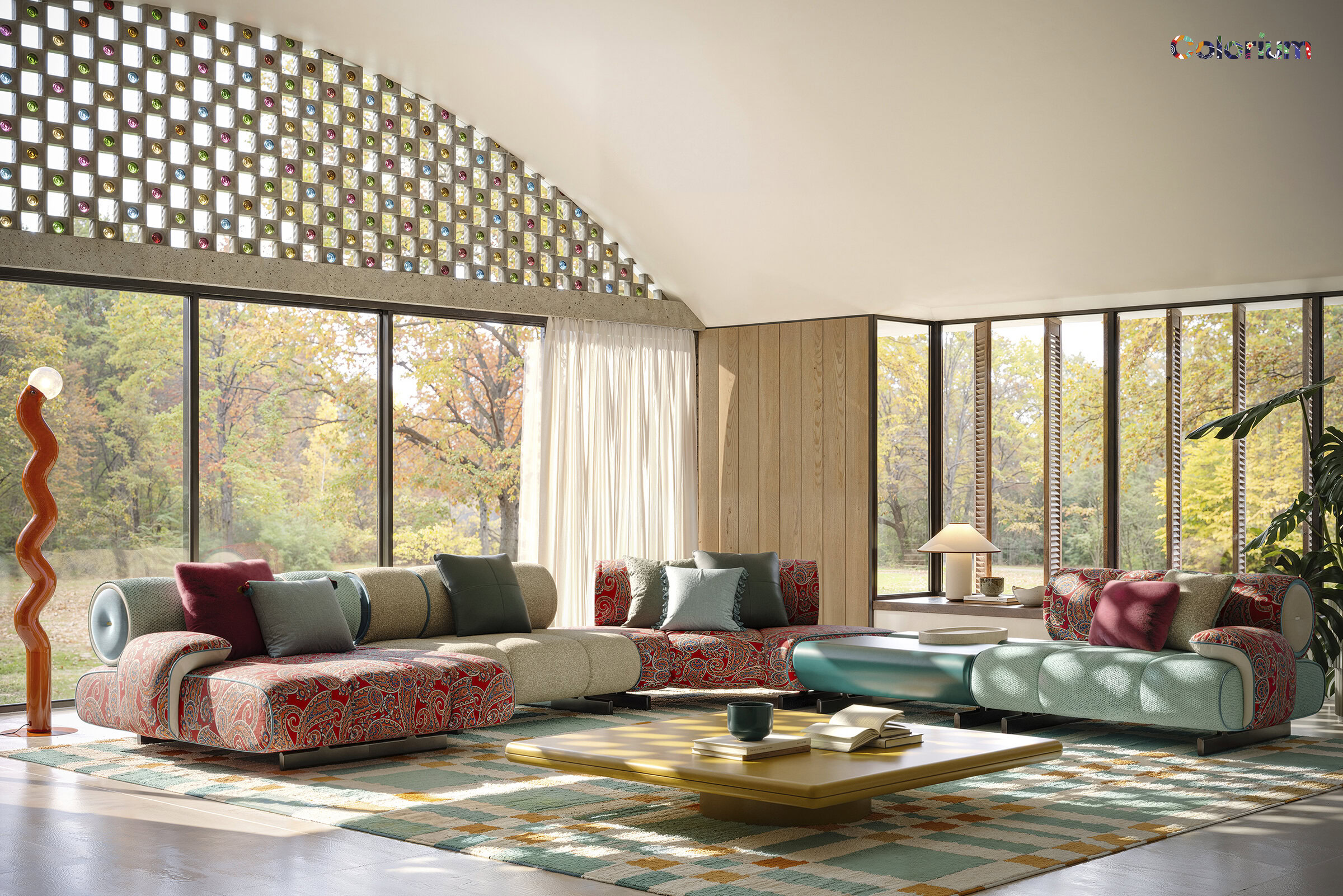 Elegant contemporary living room featuring large windows, colorful sofas, and stylish decor. Perfect for showcasing modern furniture designs and home interior inspiration.
