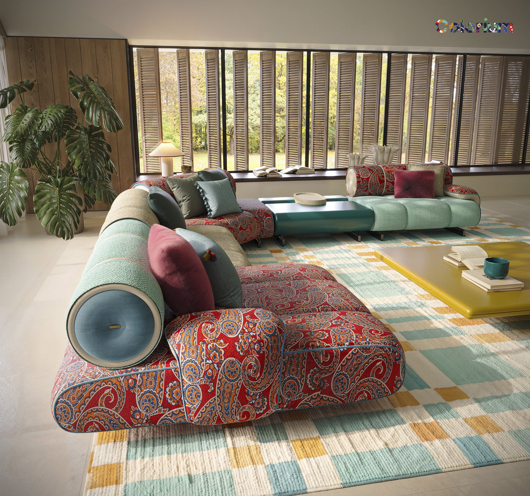 Vibrant and stylish sectional sofa with multicolored cushions, perfect for contemporary living rooms, featuring a mix of patterns and textures for a cozy yet modern look.