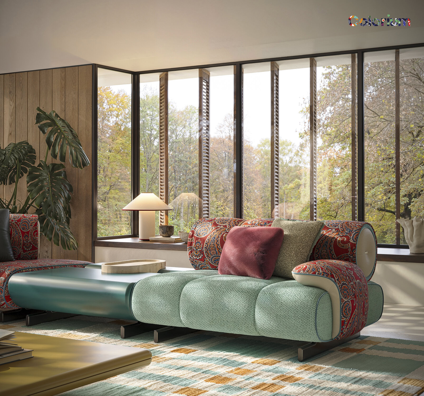 Stylish contemporary sofa in a bright living room with large windows and scenic outdoor view, perfect for modern home decor.