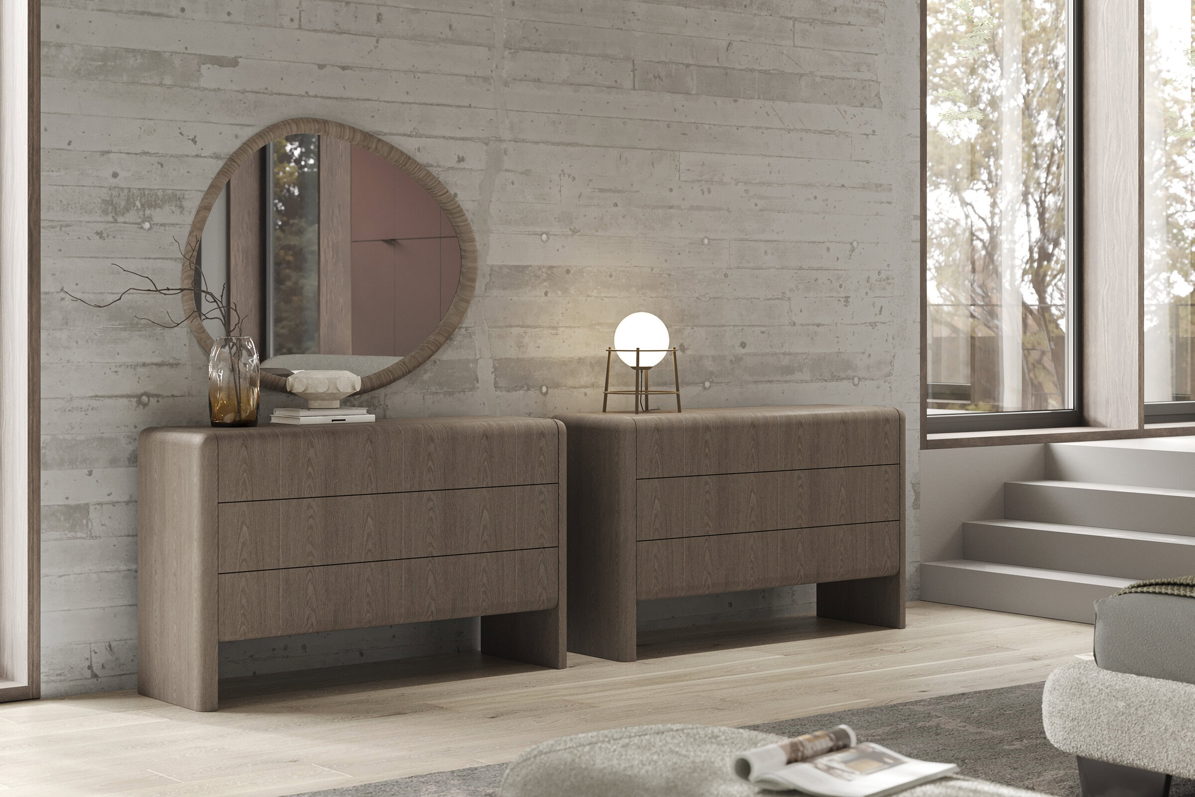 Contemporary wooden sideboards with sleek drawer design, modern decor, and elegant lighting create a stylish and functional living space. Perfect for minimalist homes seeking trendy furniture.