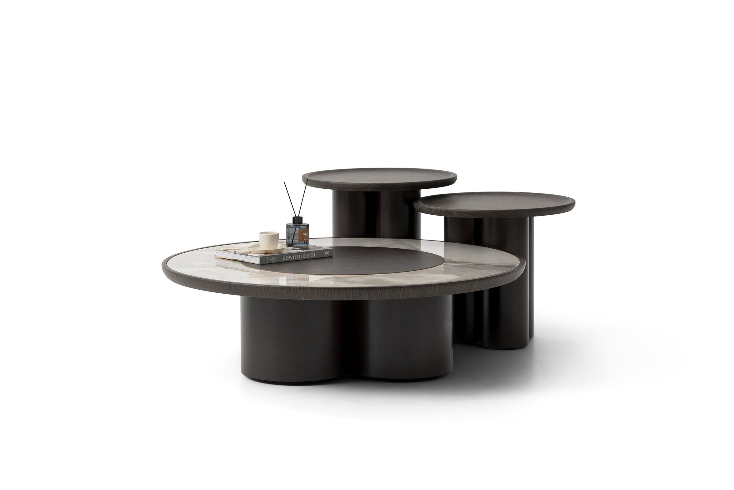 Sleek modern coffee table set with layered round surfaces in dark wood and light marble, ideal for contemporary living rooms. Stylish multi-level design enhances interior aesthetics.