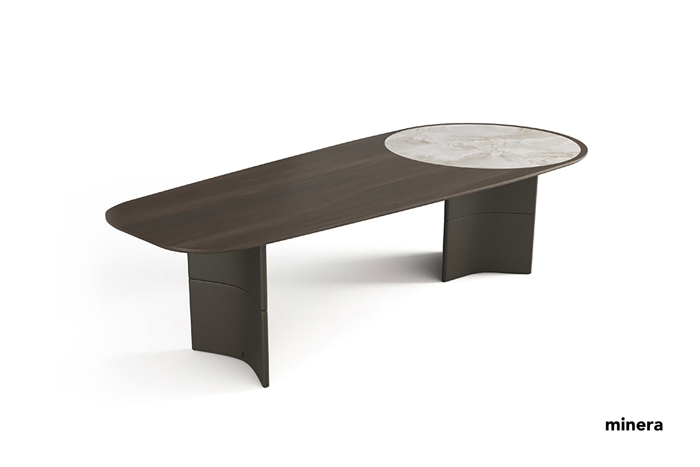Sleek modern wooden dining table with a marble inset, minimalist design, suitable for contemporary homes and upscale dining areas. Perfect for stylish, functional interior spaces.