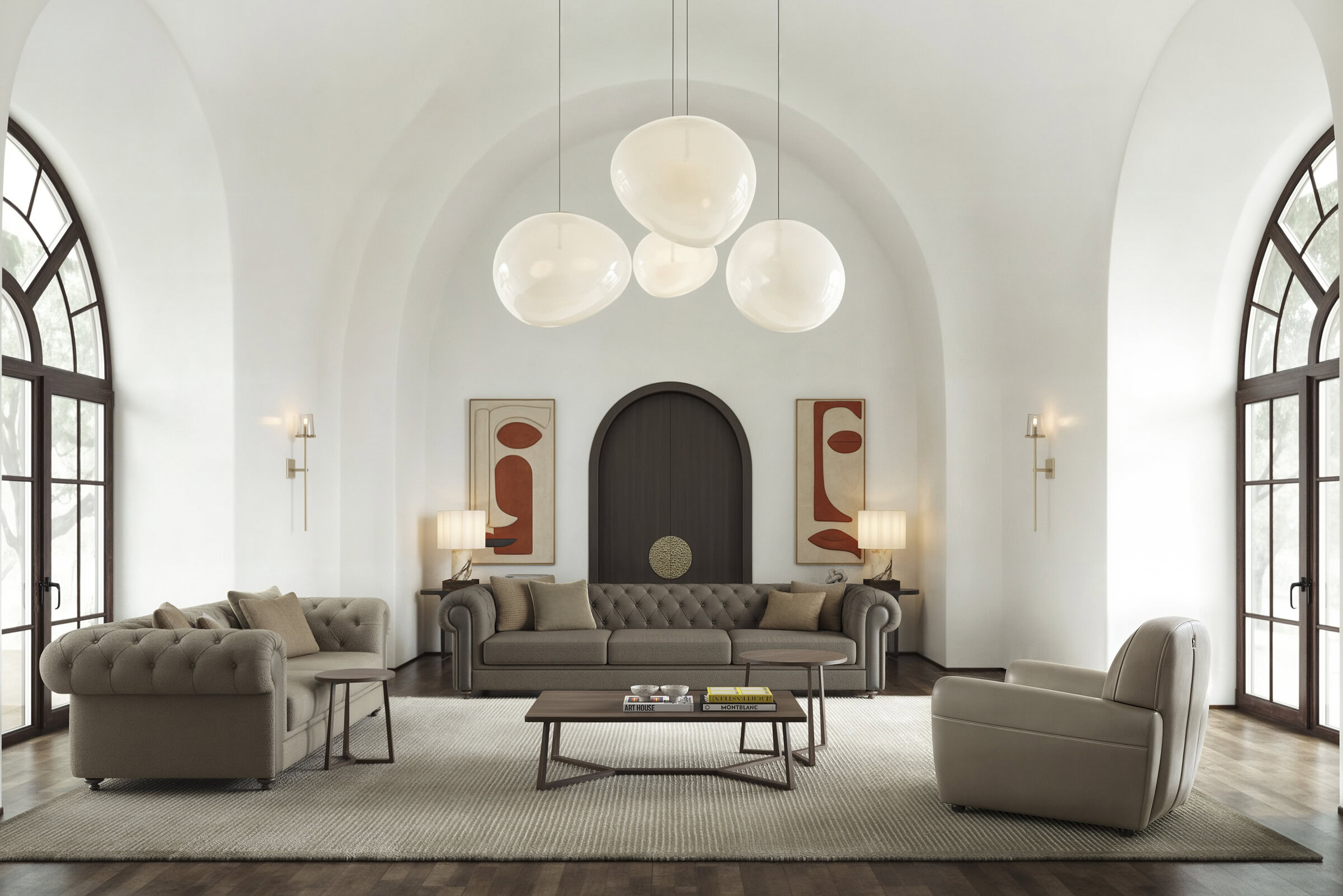 Elegant modern living room with stylish upholstered sofas and minimalist décor, featuring large arched windows, warm lighting, and contemporary artwork for a luxurious interior design.