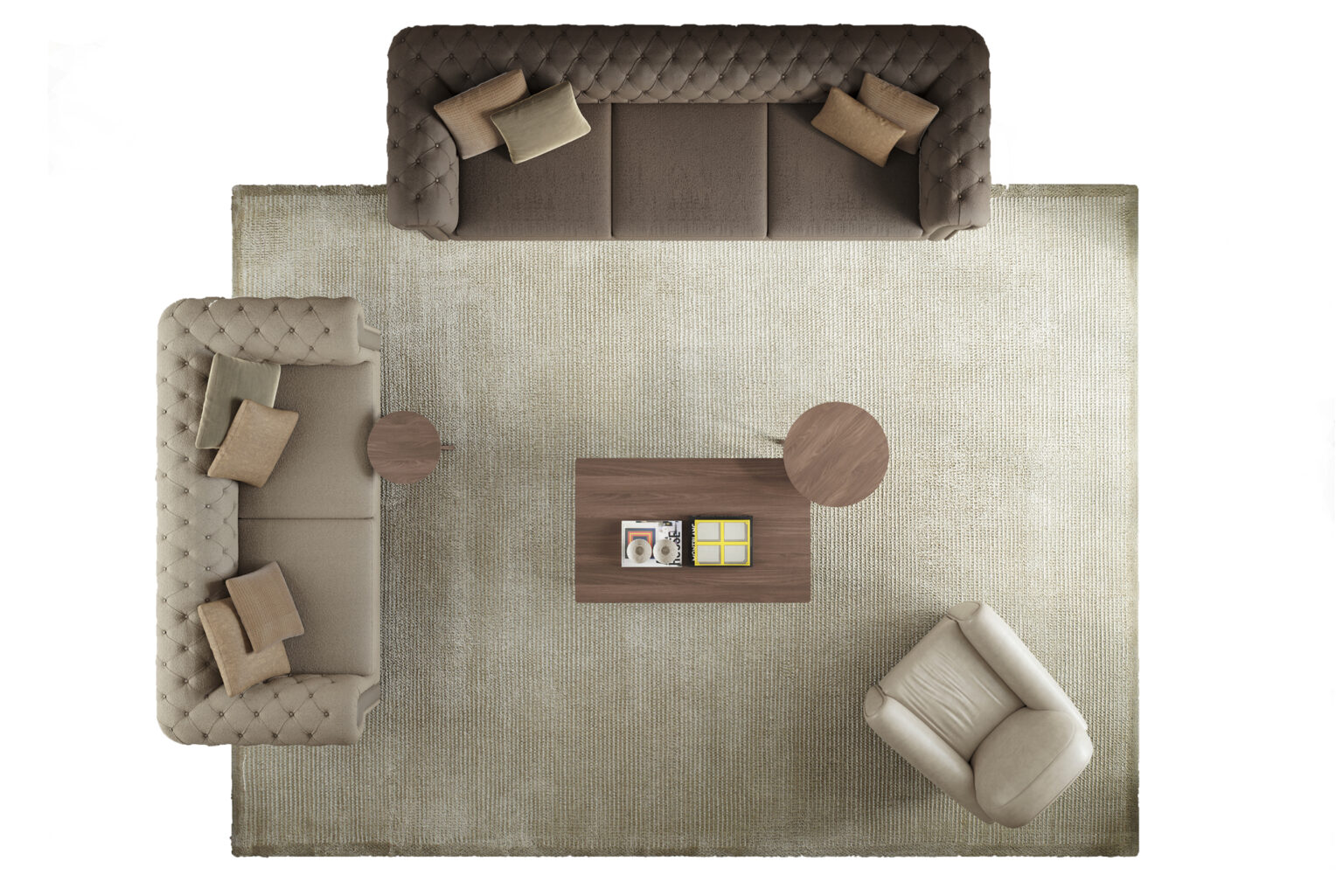 Elegant beige and brown tufted sofas with plush cushions in a stylish living room setup, showcasing high-quality Saloni Furniture for modern interior décor.