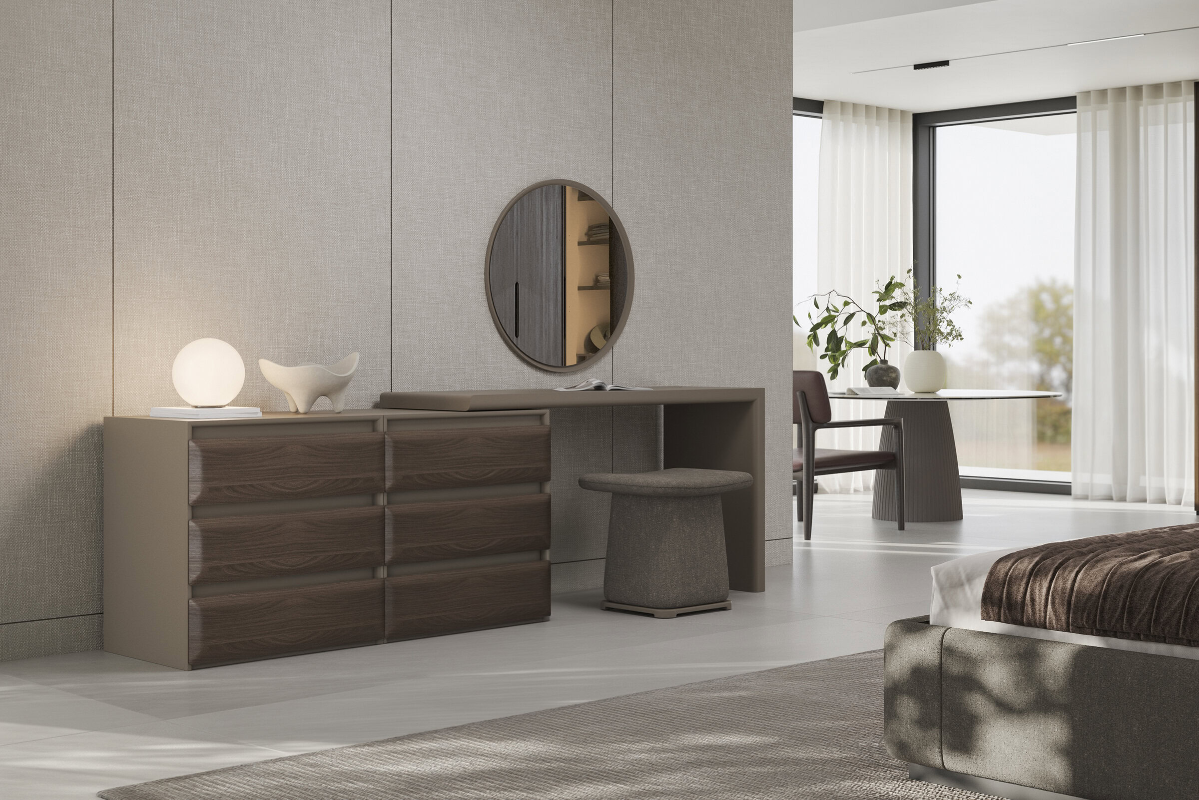Elegant walnut dresser with a round mirror and matching stool, ideal for contemporary bedroom decor. Crafted from high-quality wood, offering both style and functionality.