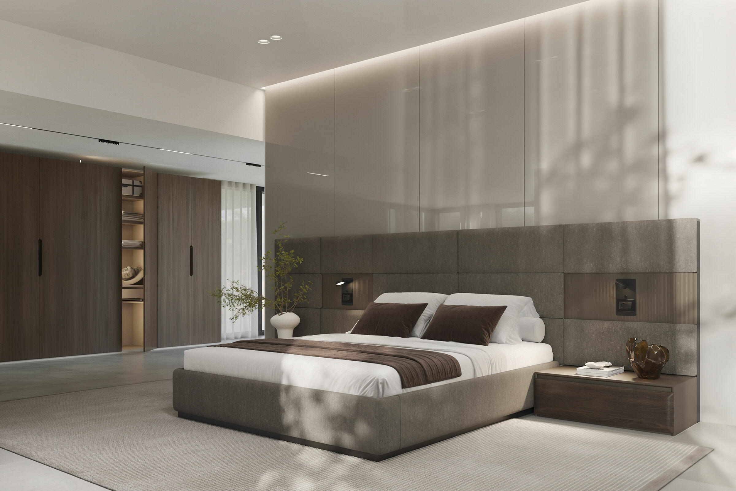 Elegant gray upholstered bed with matching nightstand in a contemporary bedroom setting.