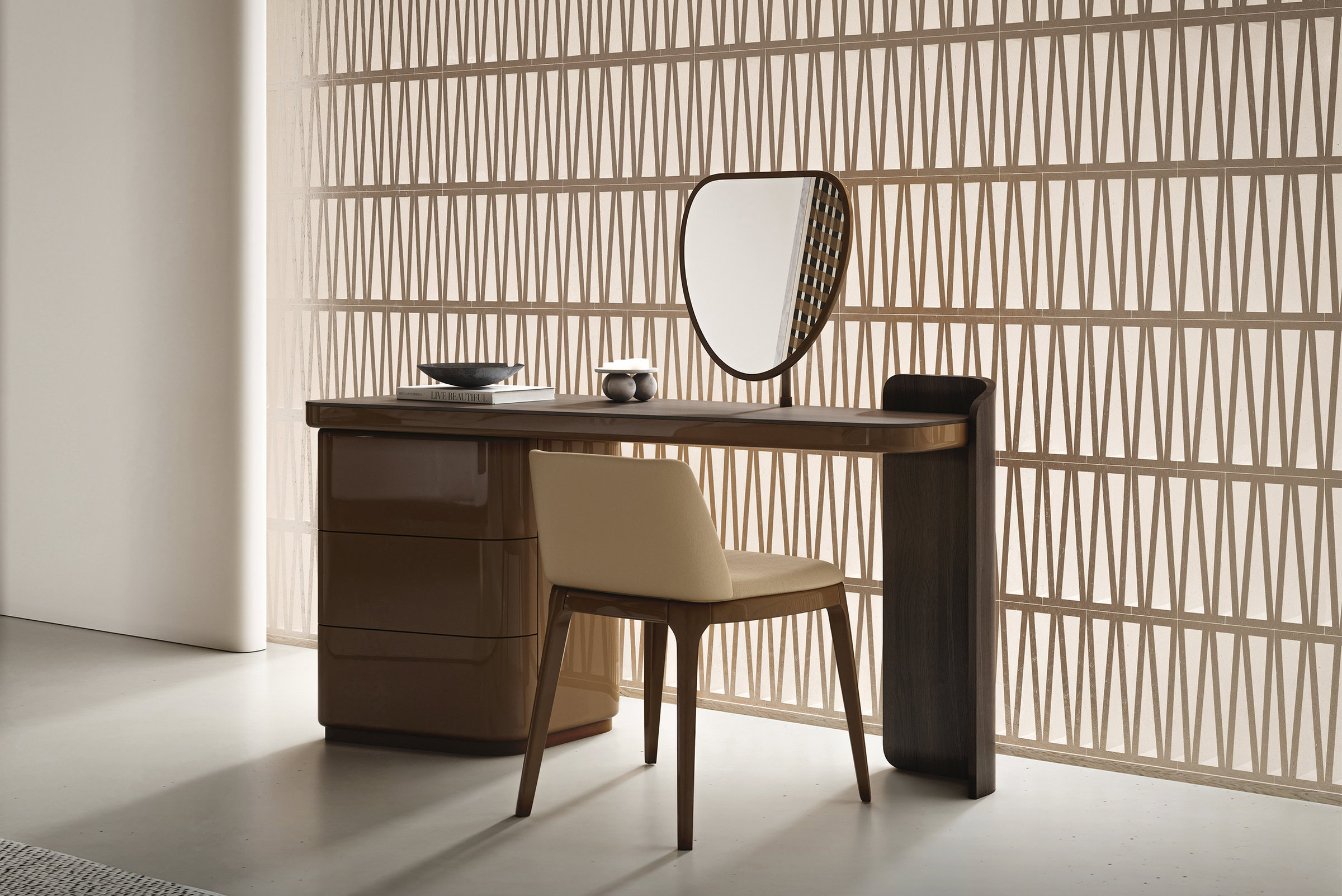 Elegant wooden desk with a mirror and decorative bowls, perfect for contemporary home or office spaces. Crafted with high-quality materials for durability and style.