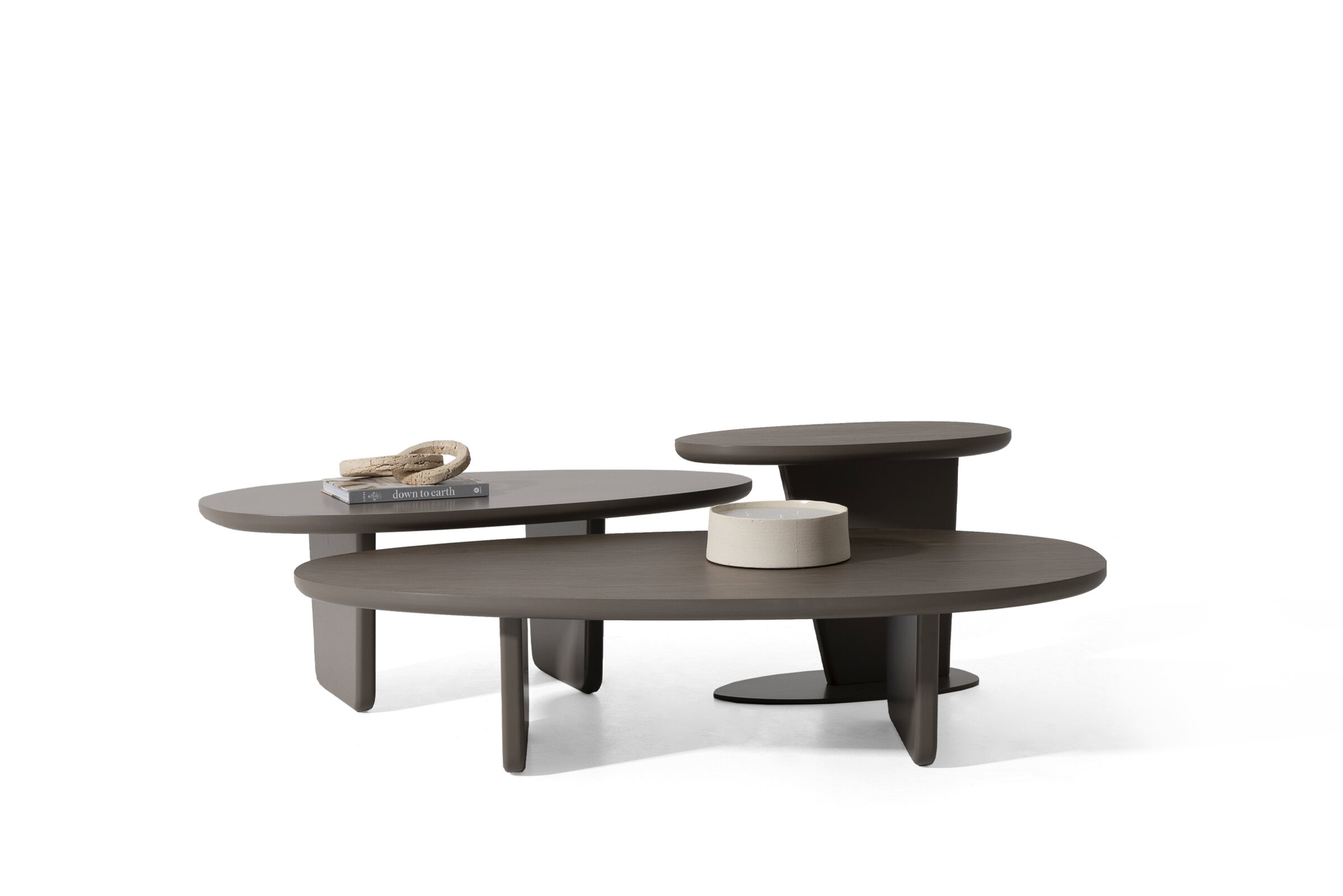 Contemporary modern wooden coffee table set with multi-level surfaces in dark and light finishes for stylish living room décor.