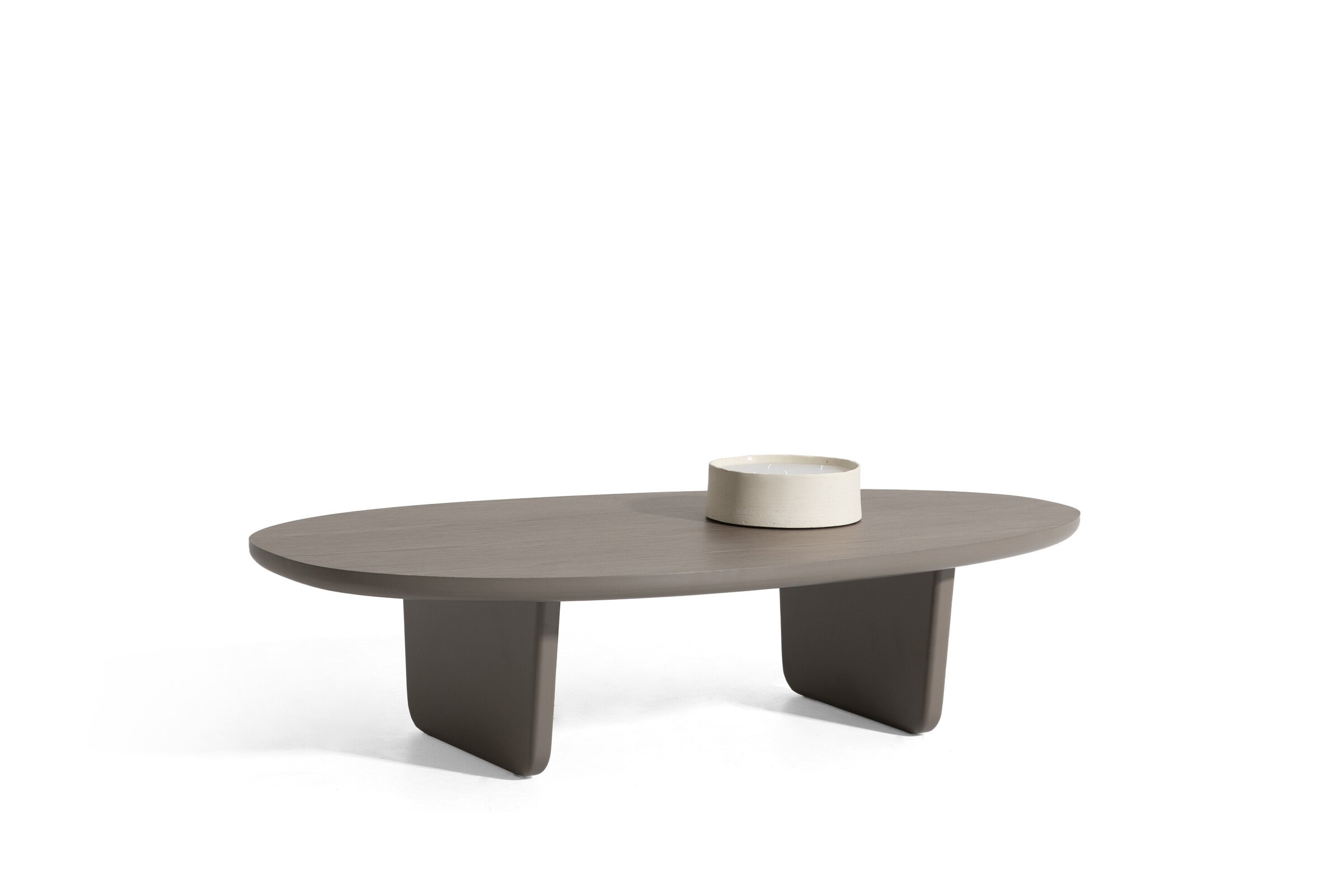 Modern minimalist coffee table with an oval wooden top and curved legs in neutral tones, perfect for contemporary living rooms.