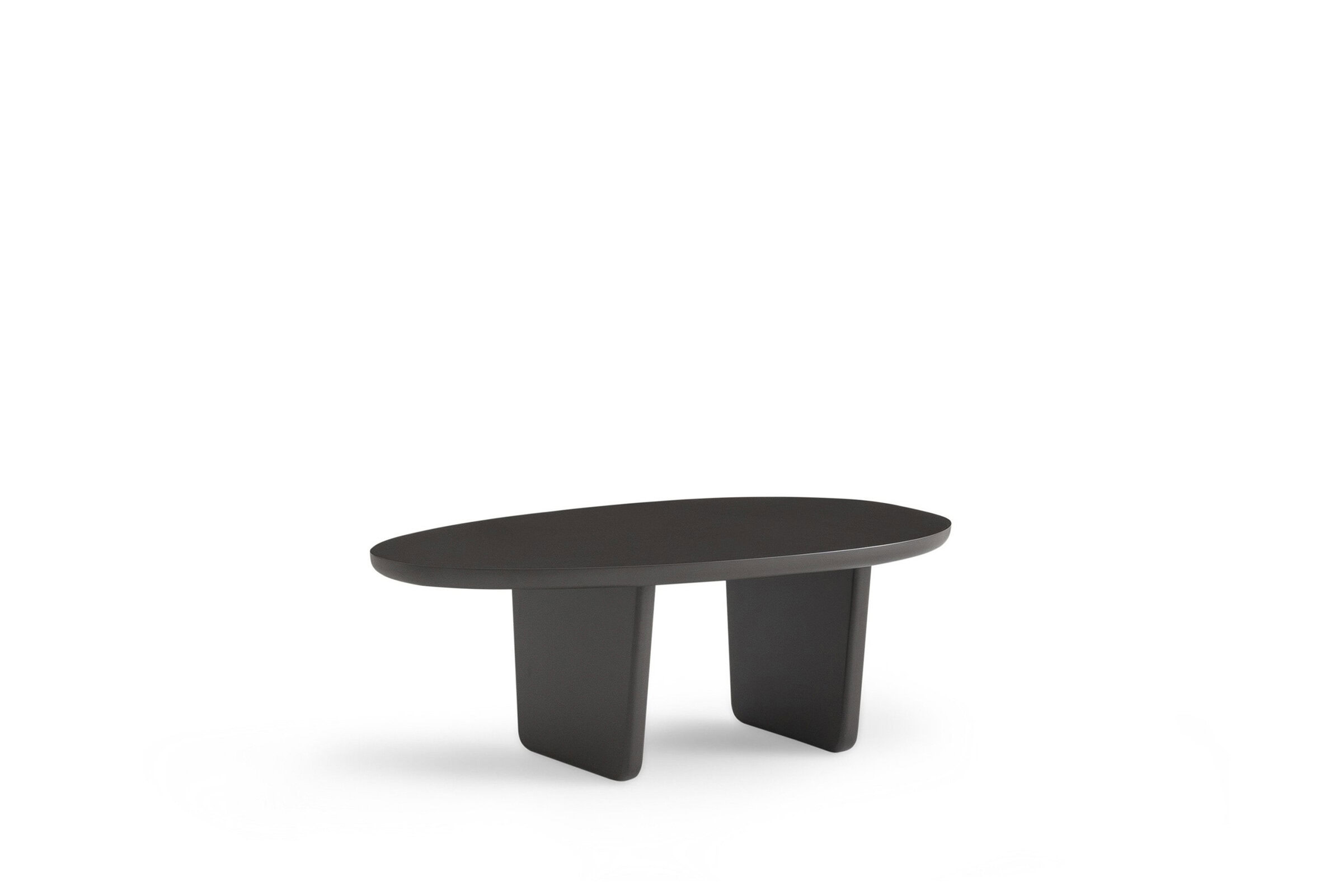 Sleek black modern coffee table with unique rounded design and sturdy base, perfect for contemporary living room spaces.