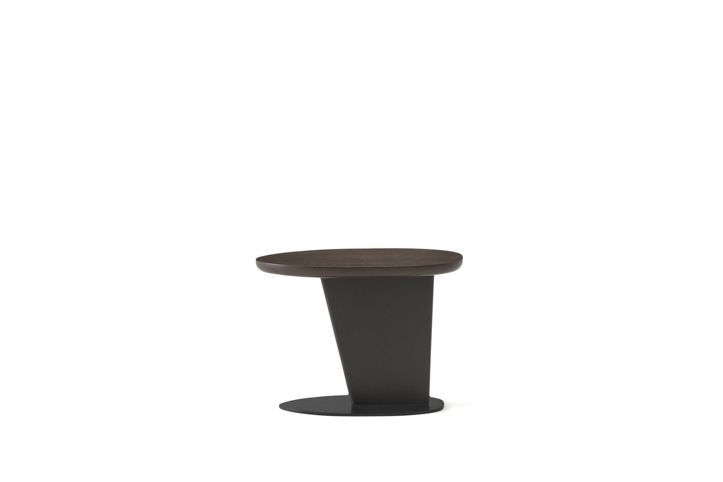Elegant modern side table with a dark wood top and black sculptural base, perfect for contemporary living spaces or office decor. High-quality furniture design by Saloni Furniture.