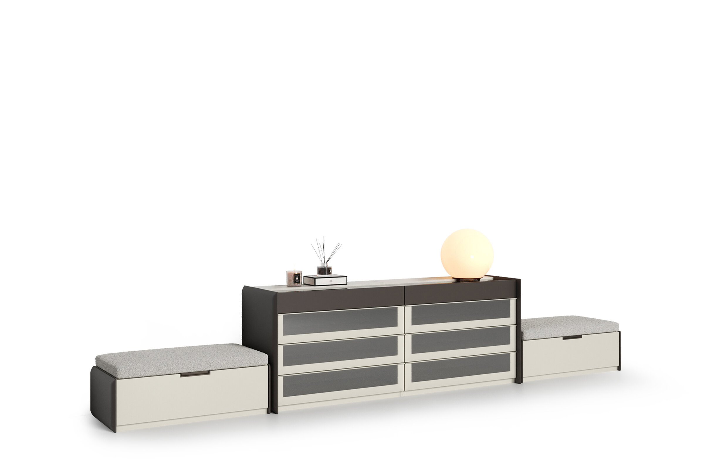 Modern minimalist sideboard with storage drawers and seating benches, ideal for contemporary living rooms.