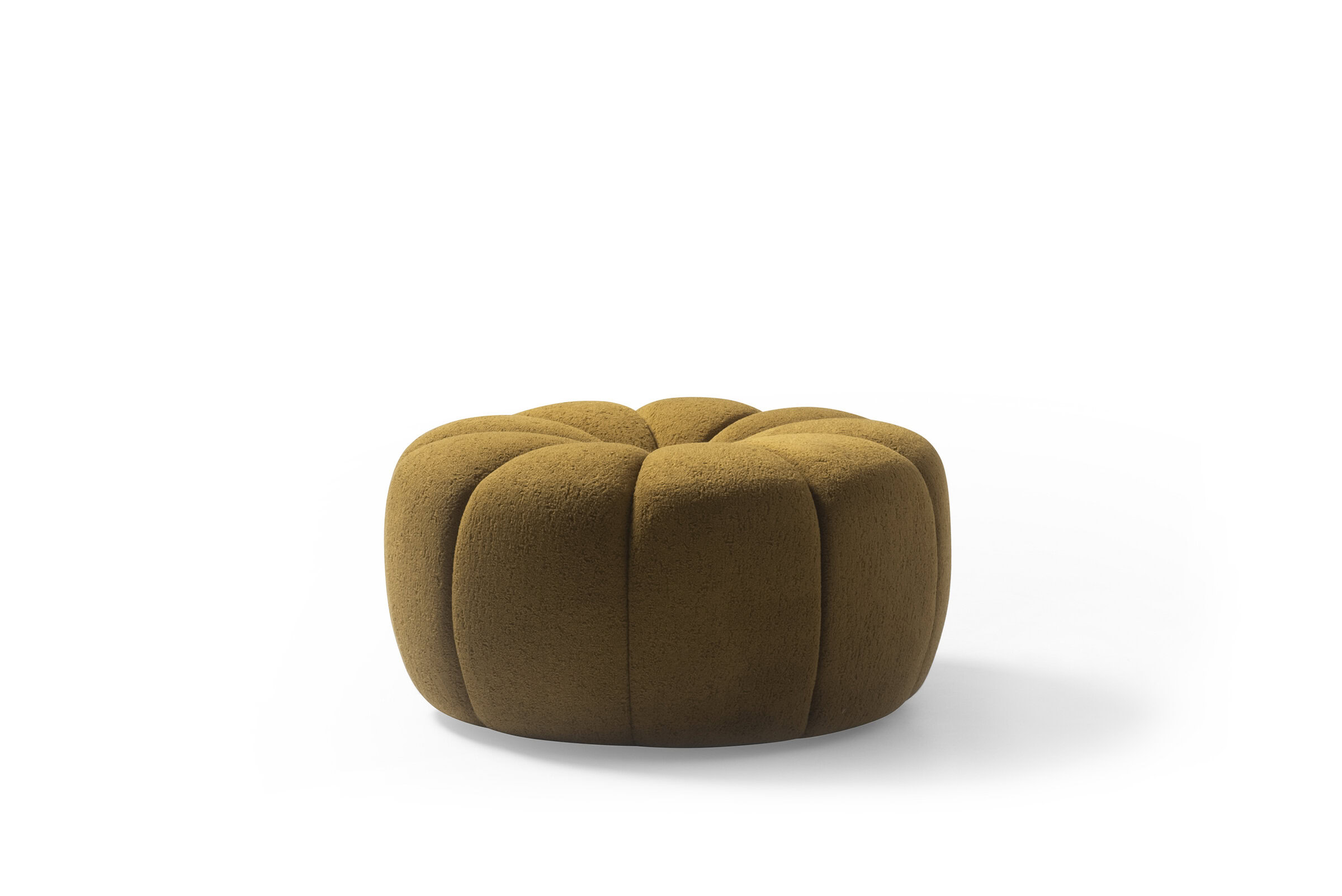 Elegant mustard-colored upholstered ottoman with a plush, tufted design, perfect for modern living rooms and versatile interior decor.