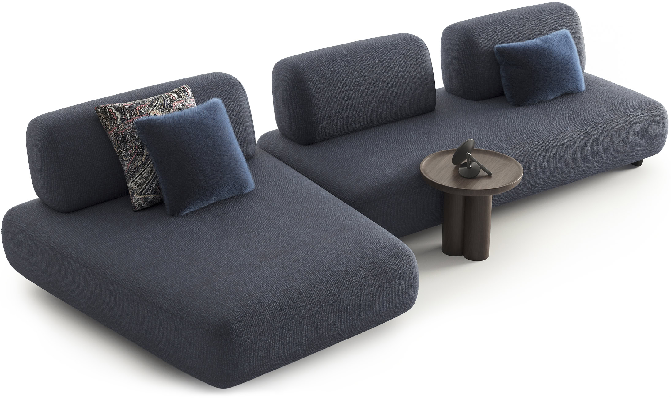 Contemporary blue sectional sofa with plush cushions and a small side table, ideal for stylish living room decor and comfortable seating.
