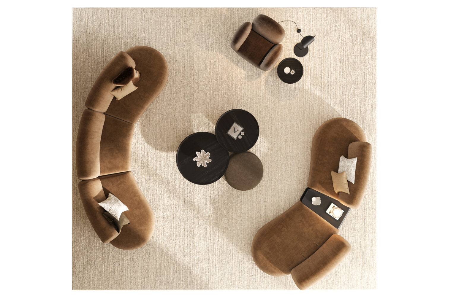 Plush, curved brown sofas with decorative pillows arranged around black coffee tables on a beige textured rug in modern living room setup.
