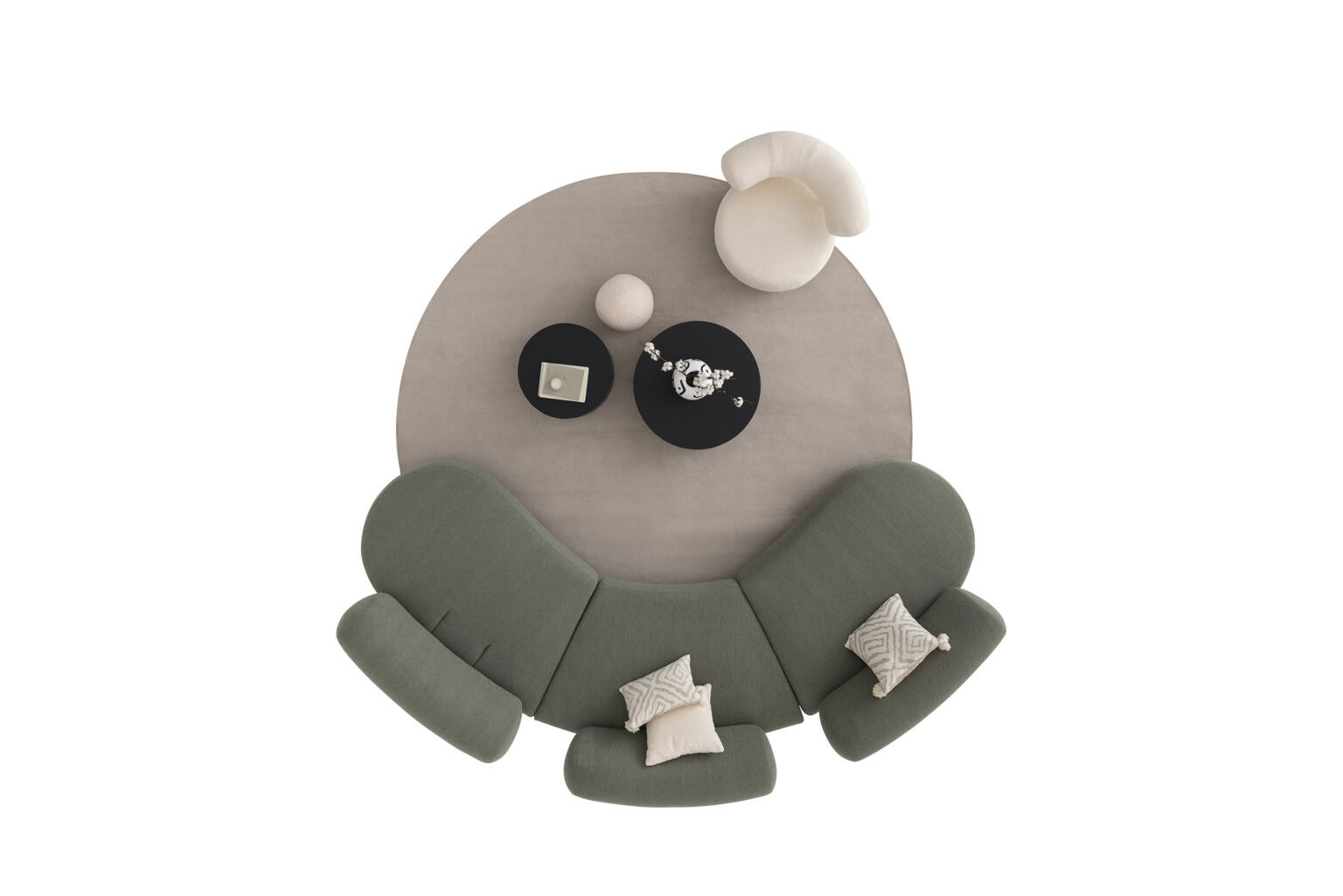 Modern living room sofa set with minimalist circular coffee table, soft neutral and green tones, perfect for stylish contemporary homes.