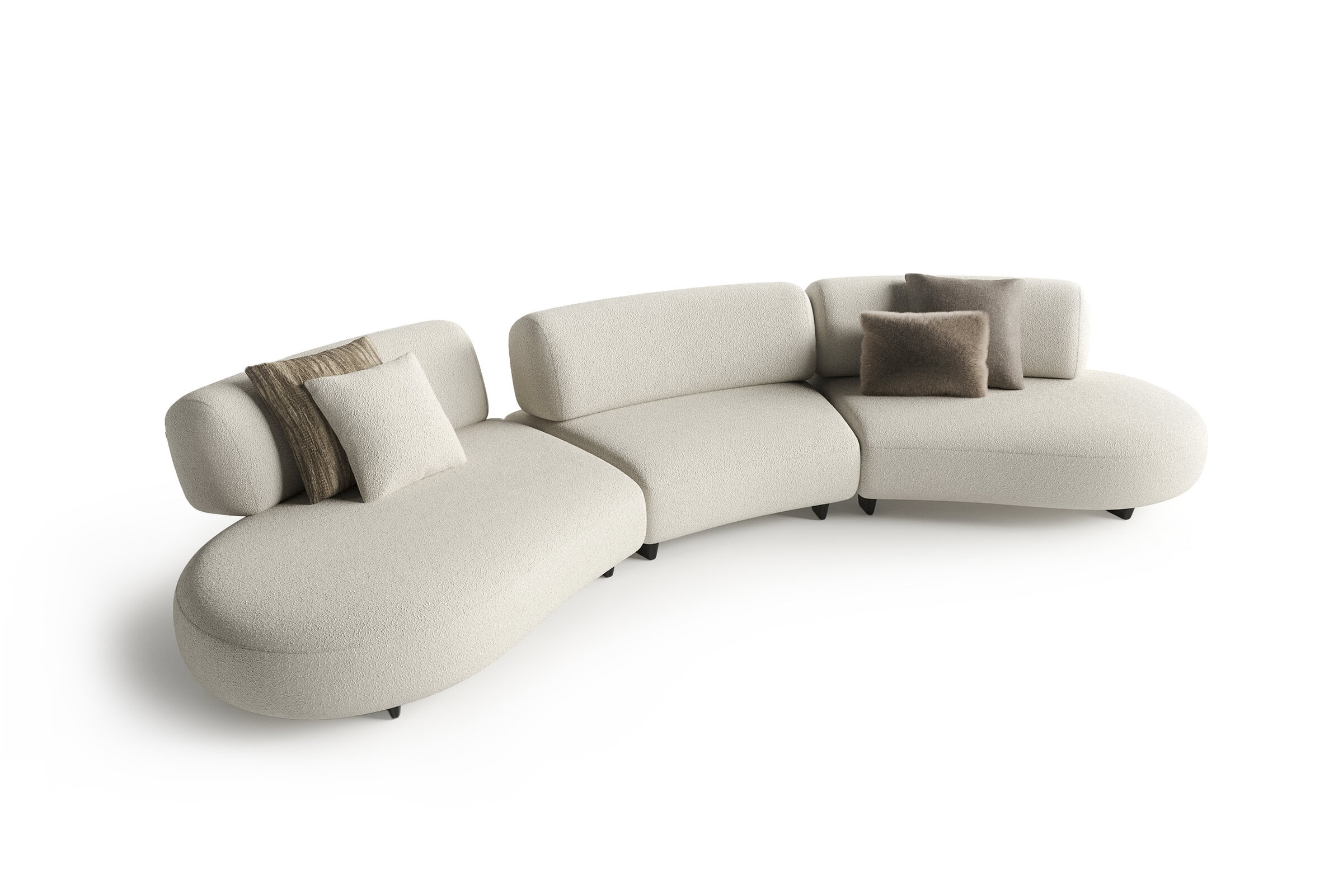 Elegant beige curved sofa with plush cushions, perfect for contemporary living room decor and stylish comfort.