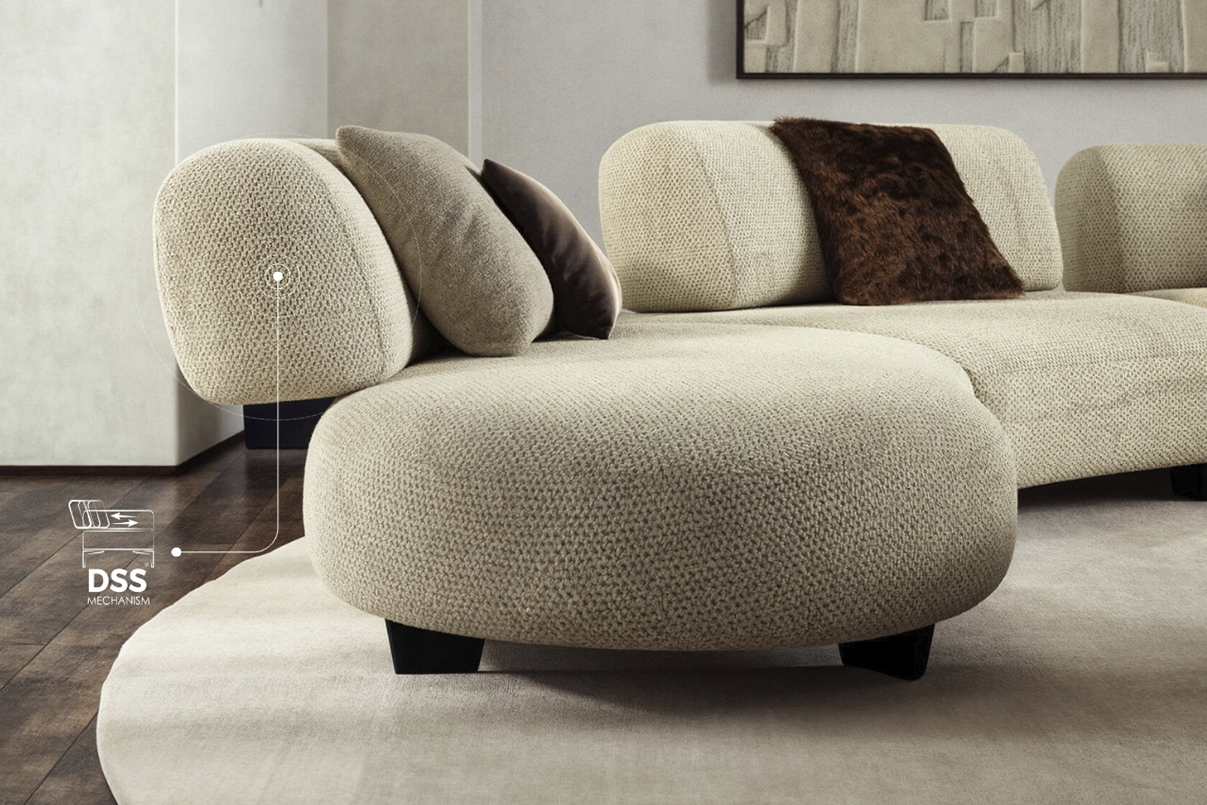 Luxurious beige upholstered sectional sofa with plush cushioning and modern design, perfect for stylish home interiors and comfort.