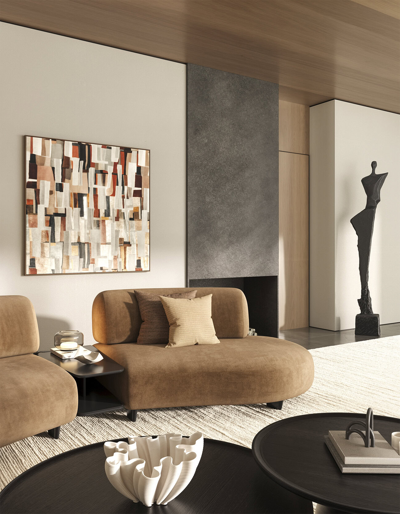 Elegant modern living room with beige sofa, abstract wall art, and contemporary sculpture. Perfect for stylish home interiors showcasing Saloni Furniture's luxury furniture designs.