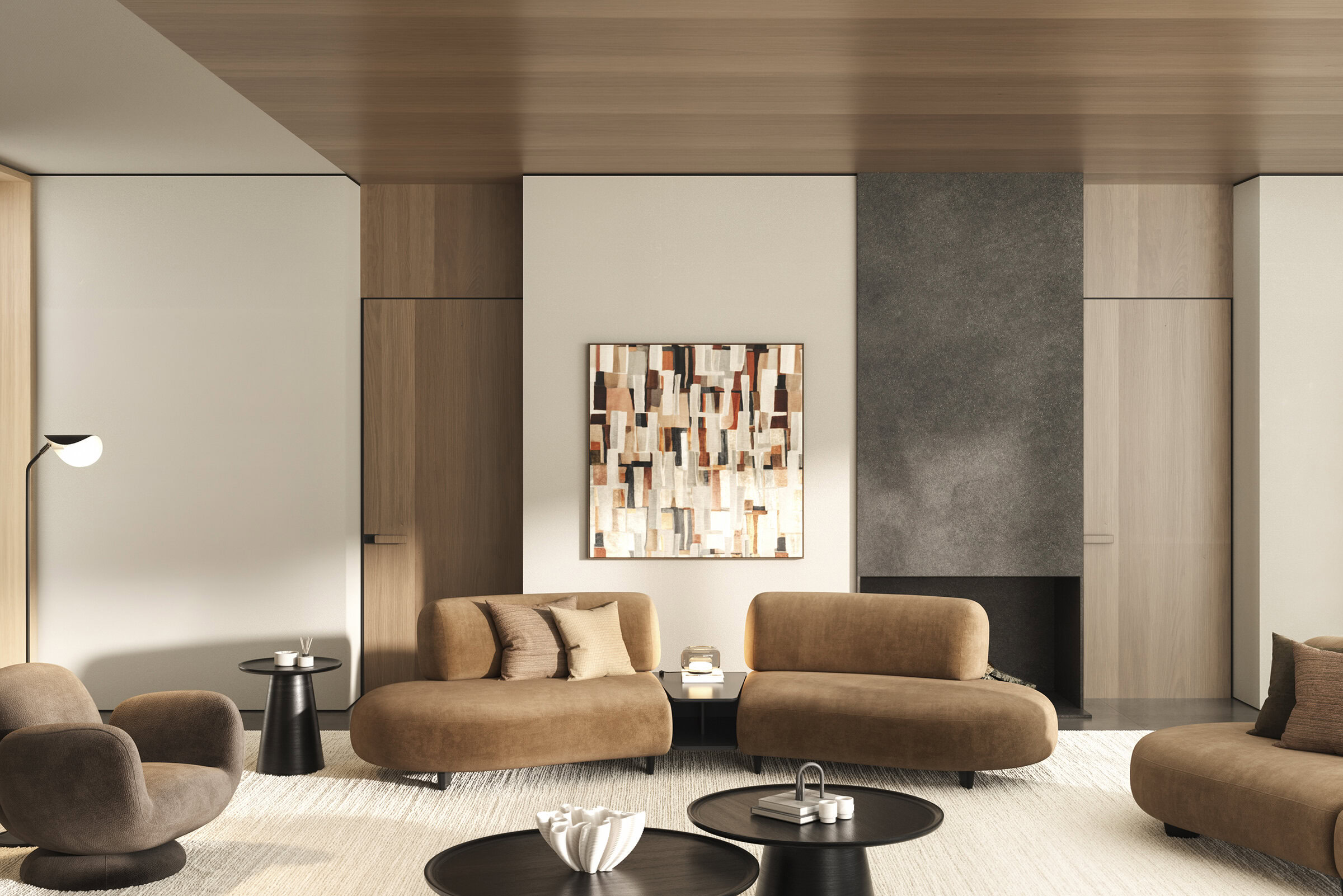 Contemporary living room furniture featuring beige velvet sofas, modern coffee tables, and minimalist decor with wood and neutral tones from Saloni Furniture.