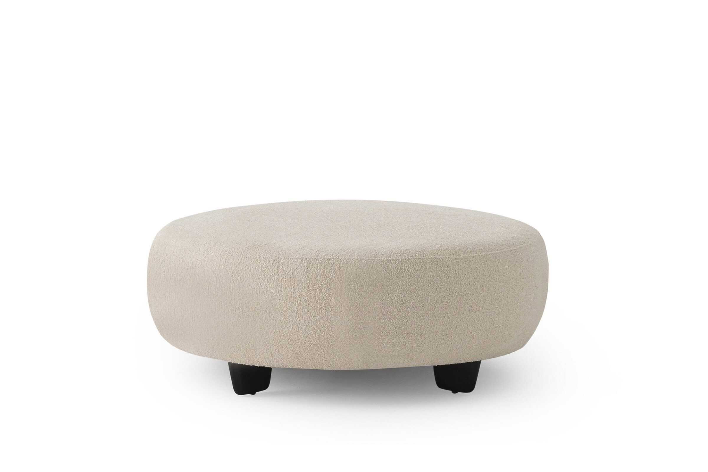 Plush beige ottoman with black wooden legs, modern minimalist design, perfect for living room or bedroom decor. Crafted for comfort and style, enhances any interior space.