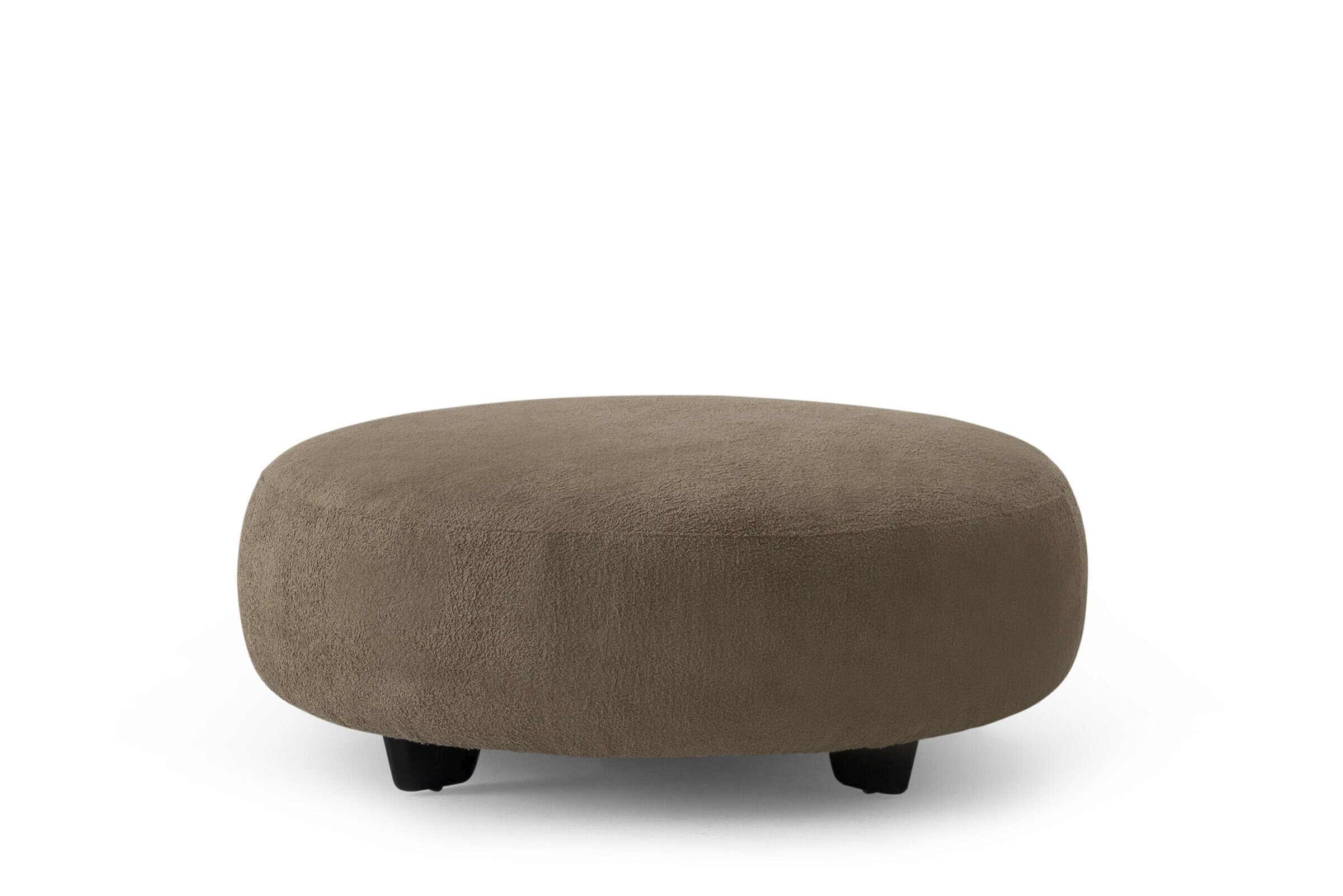 Plush beige upholstered ottoman with black wooden legs, modern and stylish design for living room or lounge space.