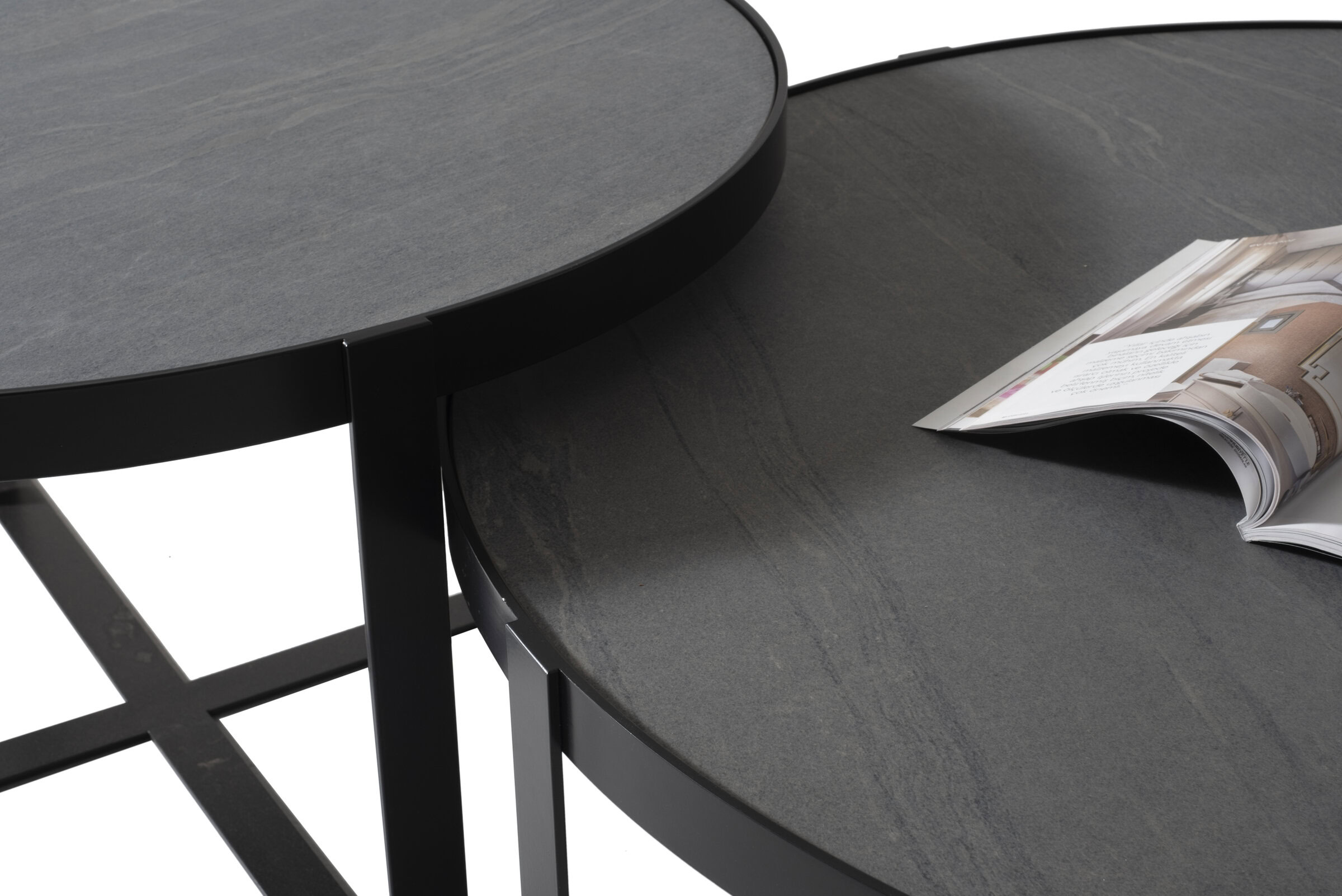 Sleek black and gray modern coffee tables with round surfaces, perfect for contemporary living room decor and stylish furniture solutions.