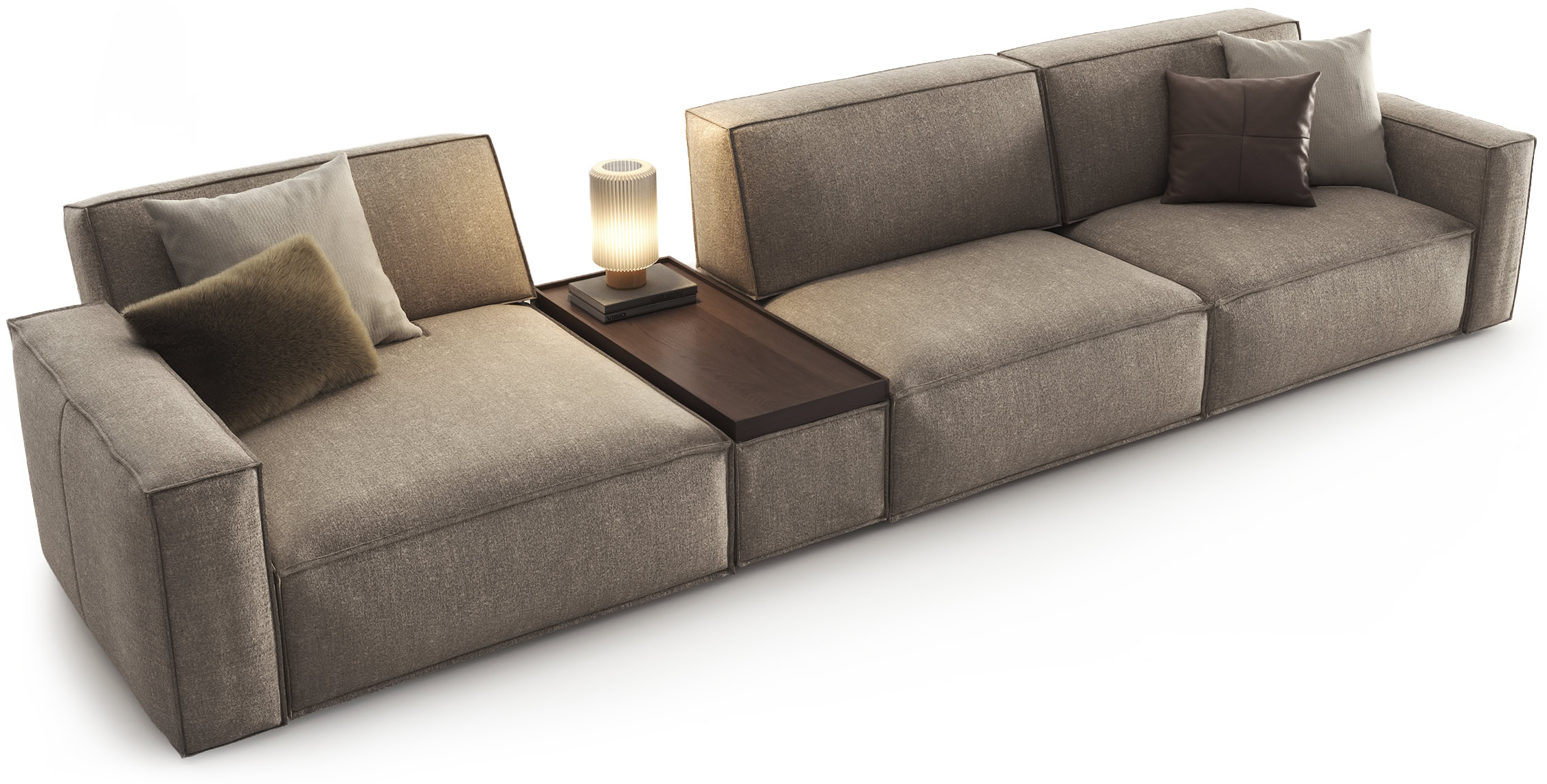 Elegant grey sectional sofa with plush cushions, ideal for contemporary living rooms, featuring a built-in wooden side table and cozy throw pillows.