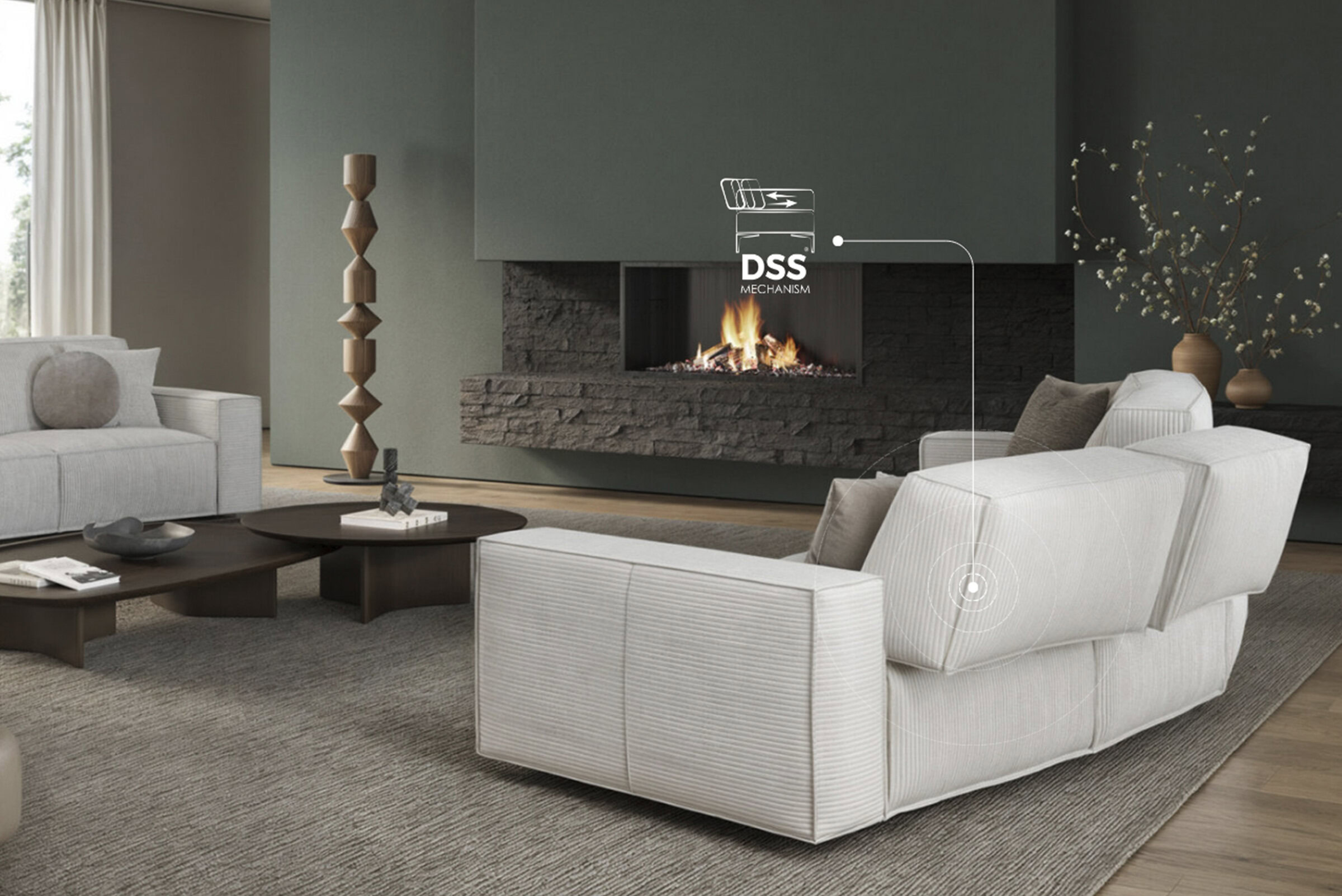 Contemporary living room with white upholstered sofas, modern wooden coffee table, decorative vases, and a sleek gas fireplace with DSS mechanism, designed by Saloni Furniture.