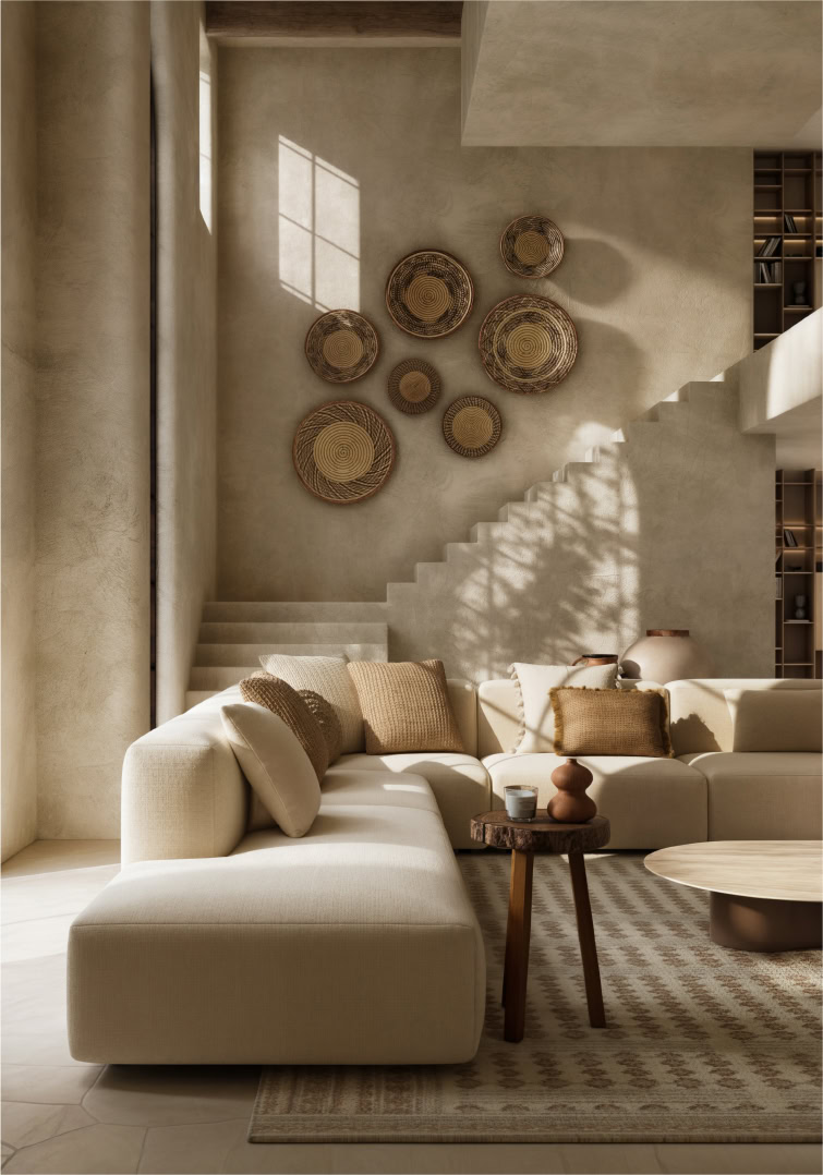 Elegant beige sectional sofa with plush cushions in a contemporary living room setting. Natural sunlight highlights the textured wall art and cozy ambiance.