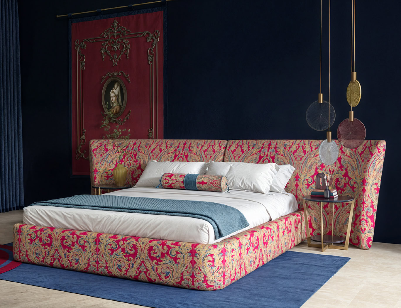 Luxurious pink and gold upholstered bed with matching nightstands, set against a dark blue wall with decorative wall art, perfect for stylish bedroom decor.