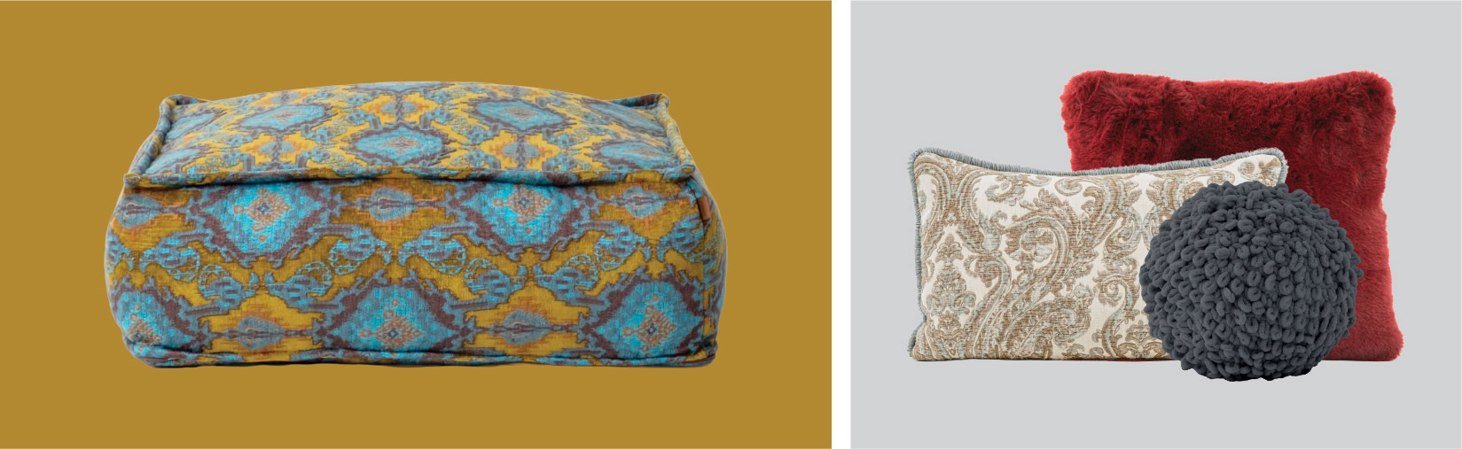 Stylish upholstered ottoman featuring vibrant patterned fabric, perfect for living room decor and versatile seating options.