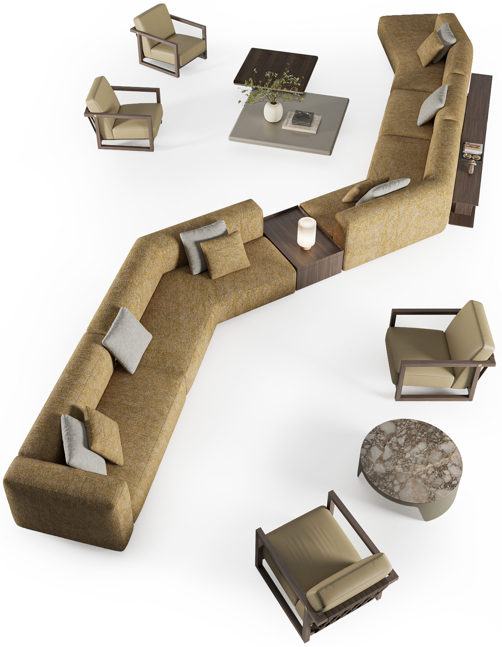 Luxurious sectional sofa with modern design, beige upholstery, and wooden accents, complemented by stylish armchairs and contemporary coffee tables for elegant living room decor.