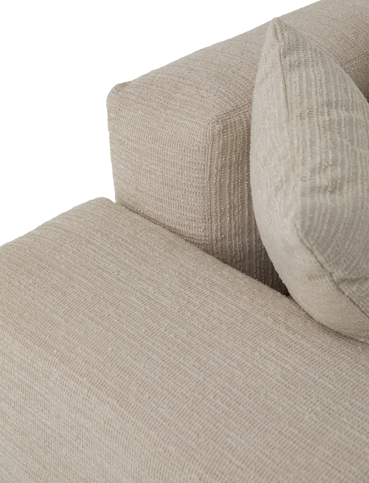 Elegant beige fabric sofa with plush cushions, perfect for contemporary living rooms. Crafted for comfort and style, ideal for home or office spaces.
