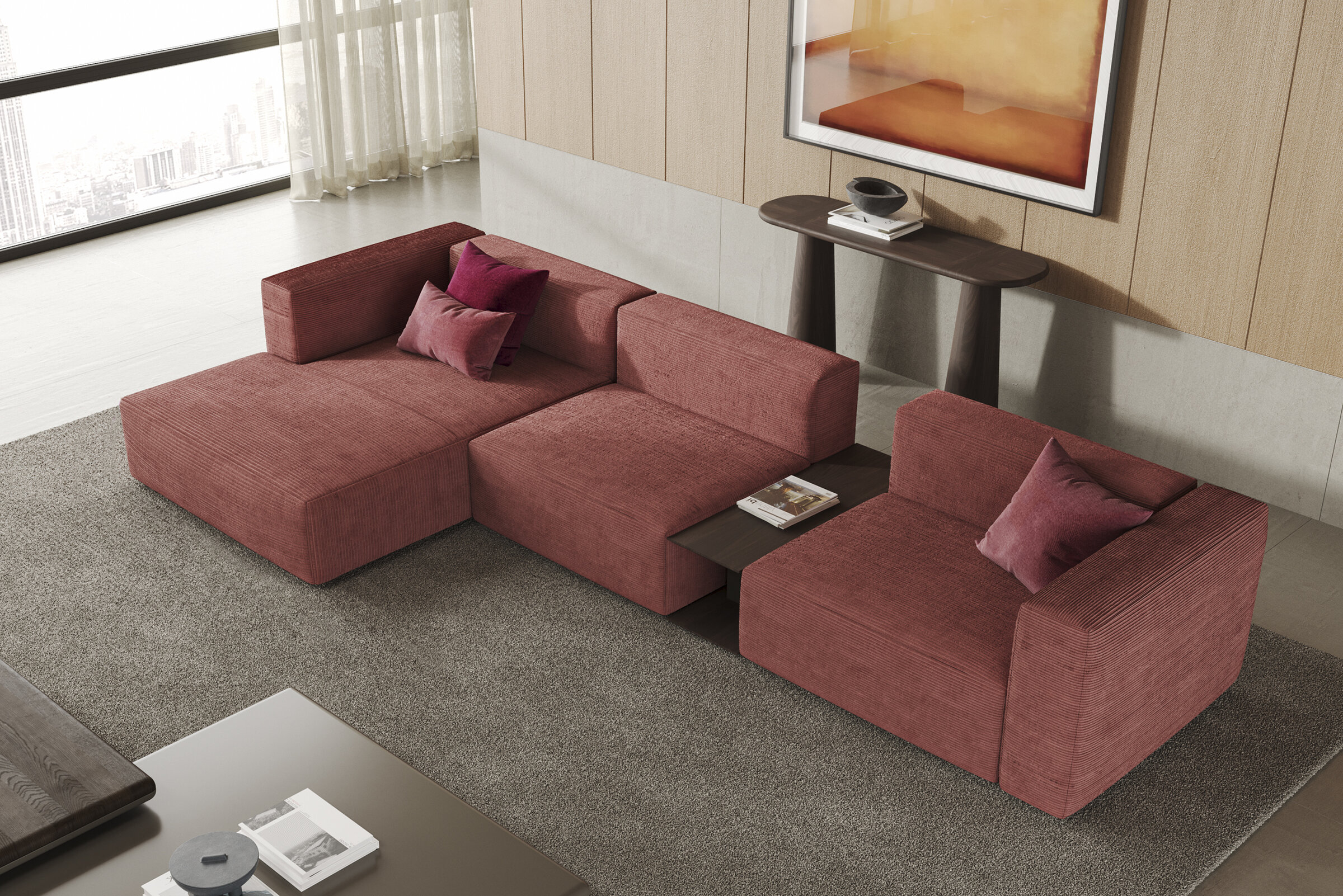 Stylish red sectional sofa with matching cushions in a contemporary living room setting, perfect for comfort and modern decor.