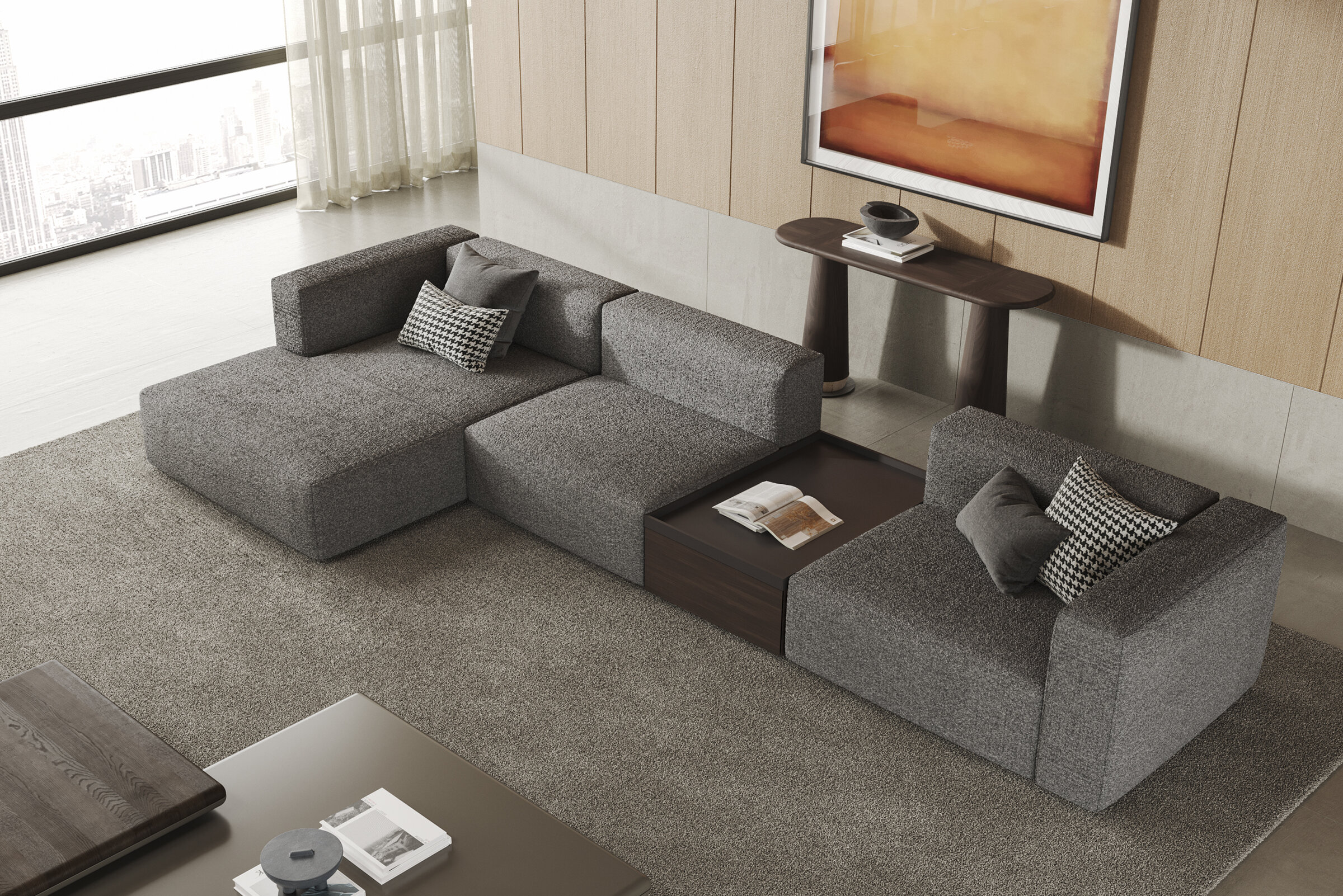 Elegant gray sectional sofa with plush cushions and accent pillows, perfect for stylish and comfortable living spaces.