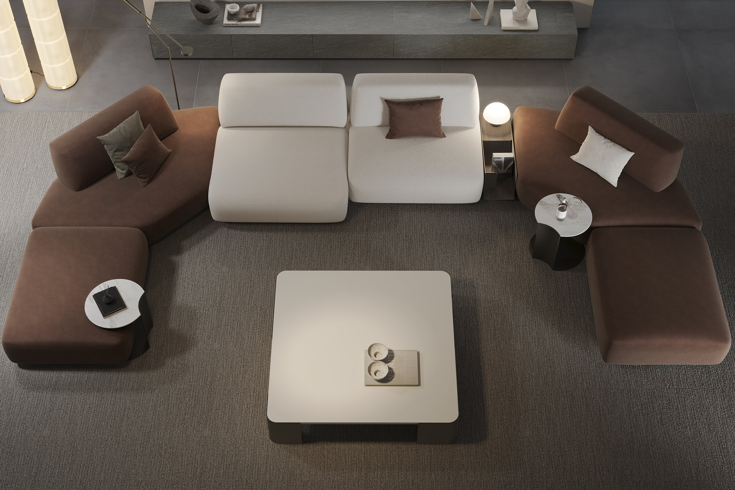 Sleek modern sectional sofa in neutral tones with matching throw pillows, perfect for contemporary living rooms. Crafted with high-quality materials for comfort and style.