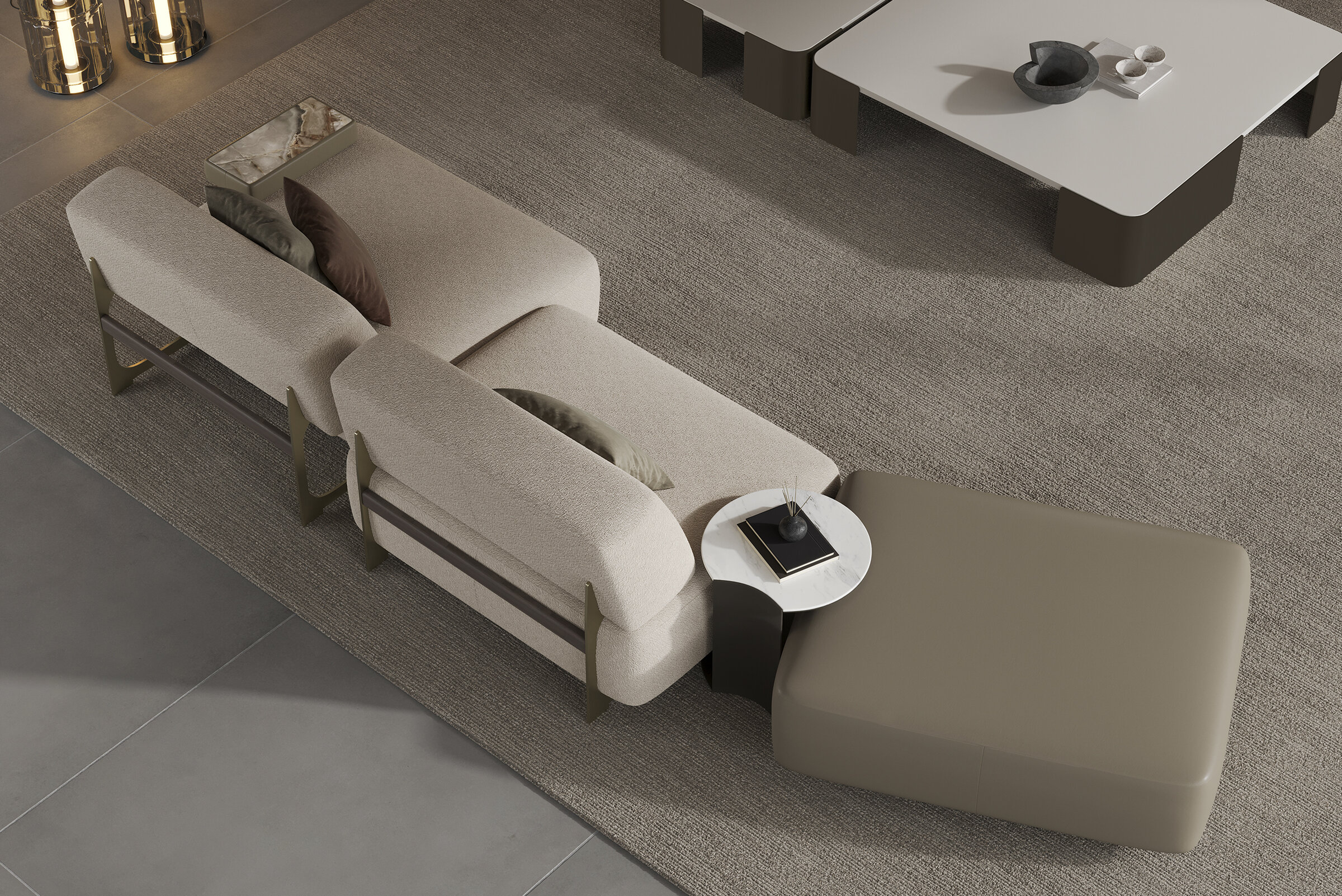 Luxurious beige sectional sofa with modern design, plush cushions, and elegant accents, ideal for contemporary living rooms and stylish home interiors.