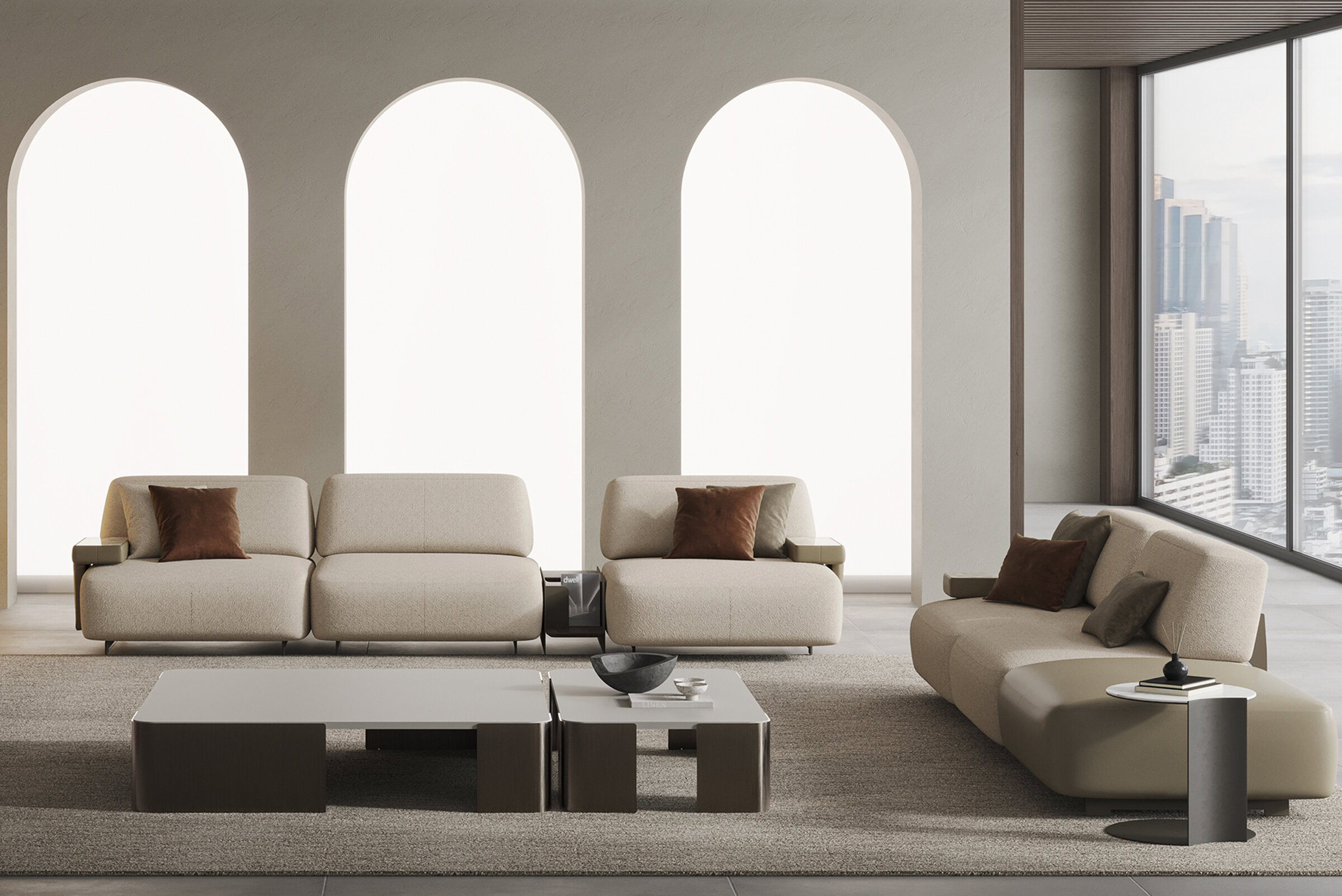 Elegant modern beige sectional sofa with accent pillows in a stylish contemporary living room with panoramic city views and minimalist decor.