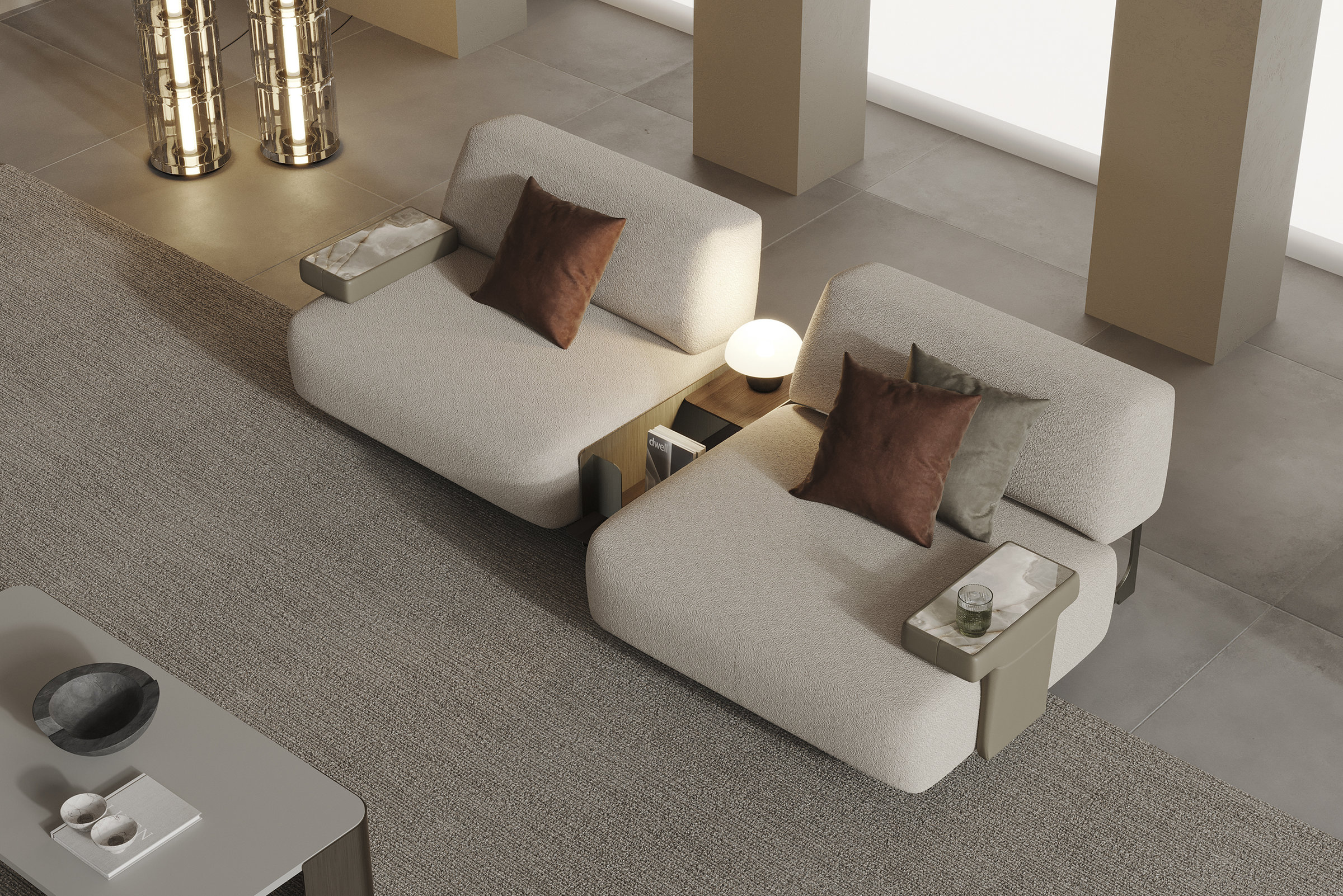 Modern beige lounge sofa with built-in side tables and accent pillows, elegant living room furniture for contemporary interior design.