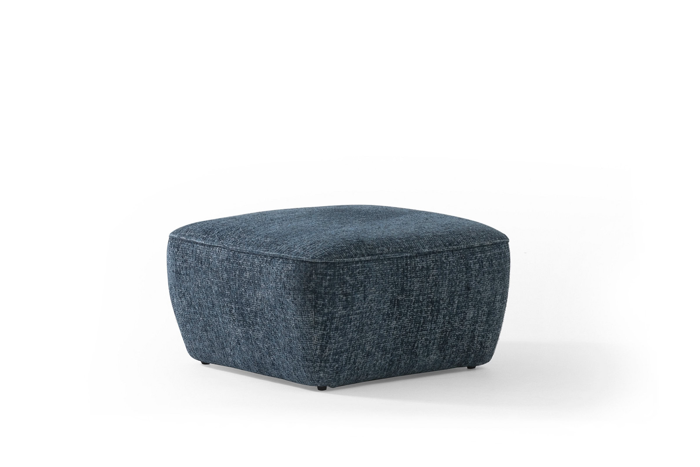 Luxurious blue fabric ottoman with plush cushioning, perfect for modern living room decor and versatile seating options. Elegant and durable, ideal for contemporary furniture styles.