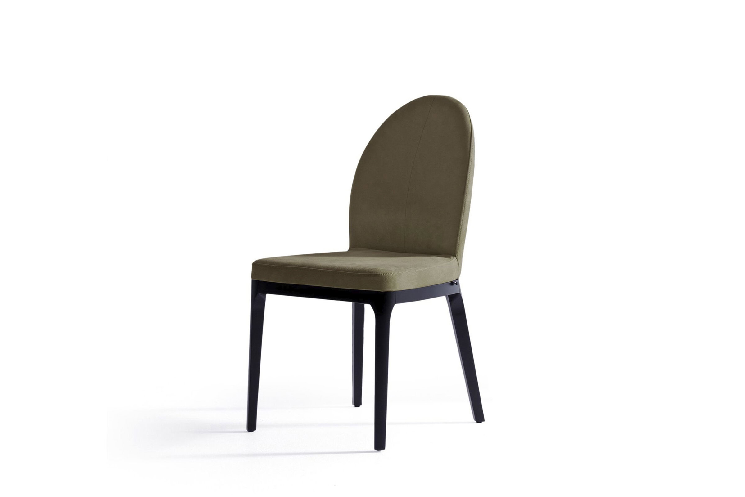 Elegant olive green upholstered dining chair with black wooden legs, perfect for modern home or restaurant interiors. Stylish and comfortable seating option.