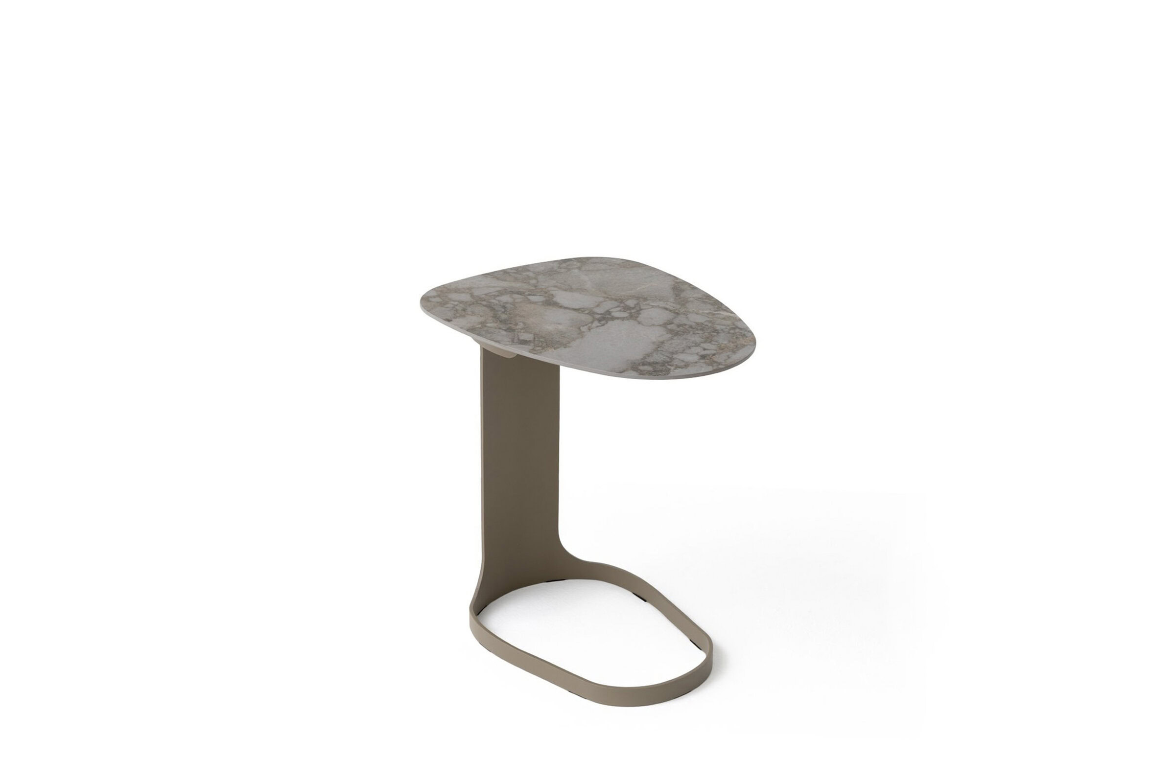 Sleek modern side table with marble top and minimalist taupe frame for stylish living room decor.