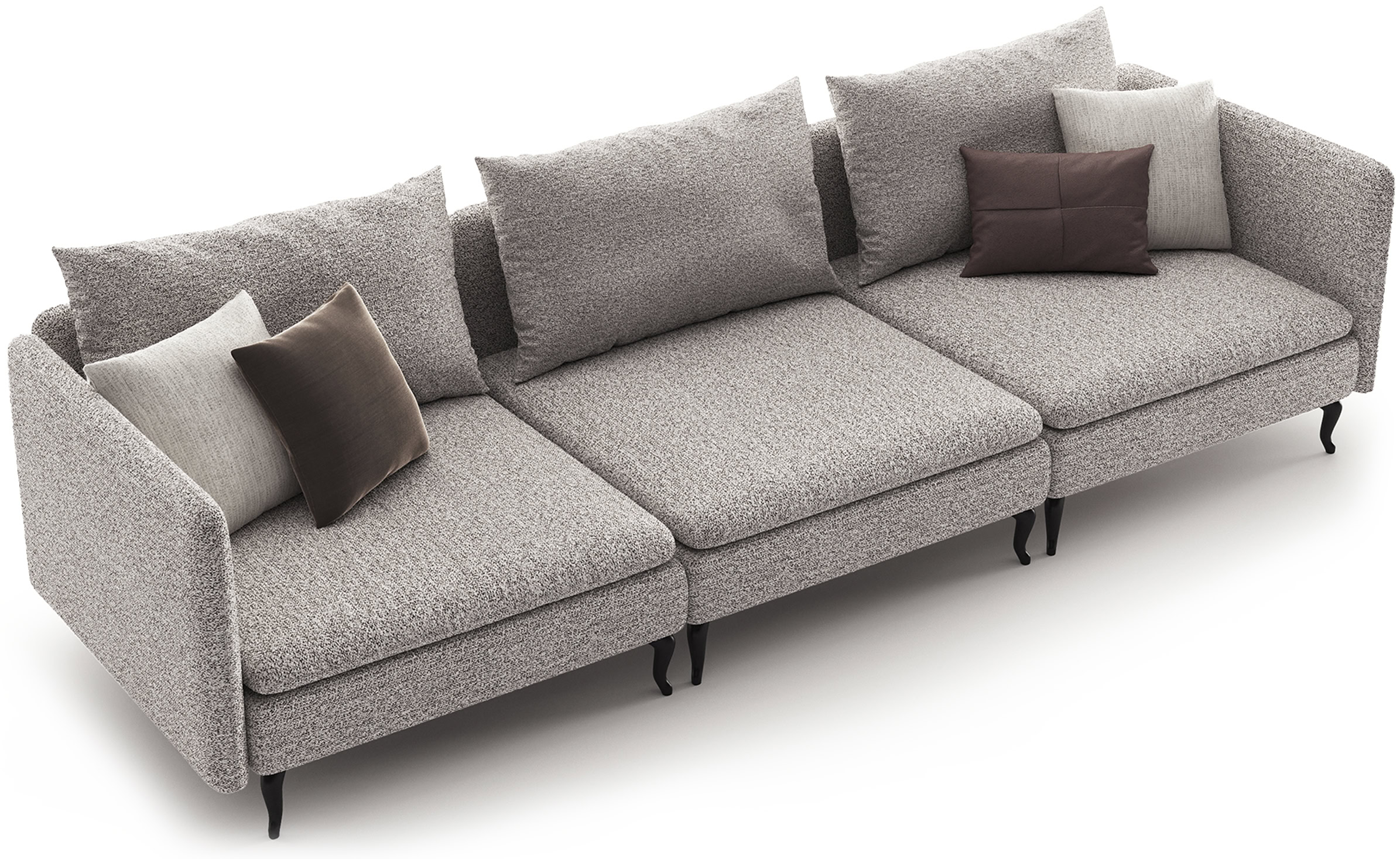 Stylish grey fabric sofa with multiple cushions, perfect for contemporary living rooms, offering comfort and elegance.