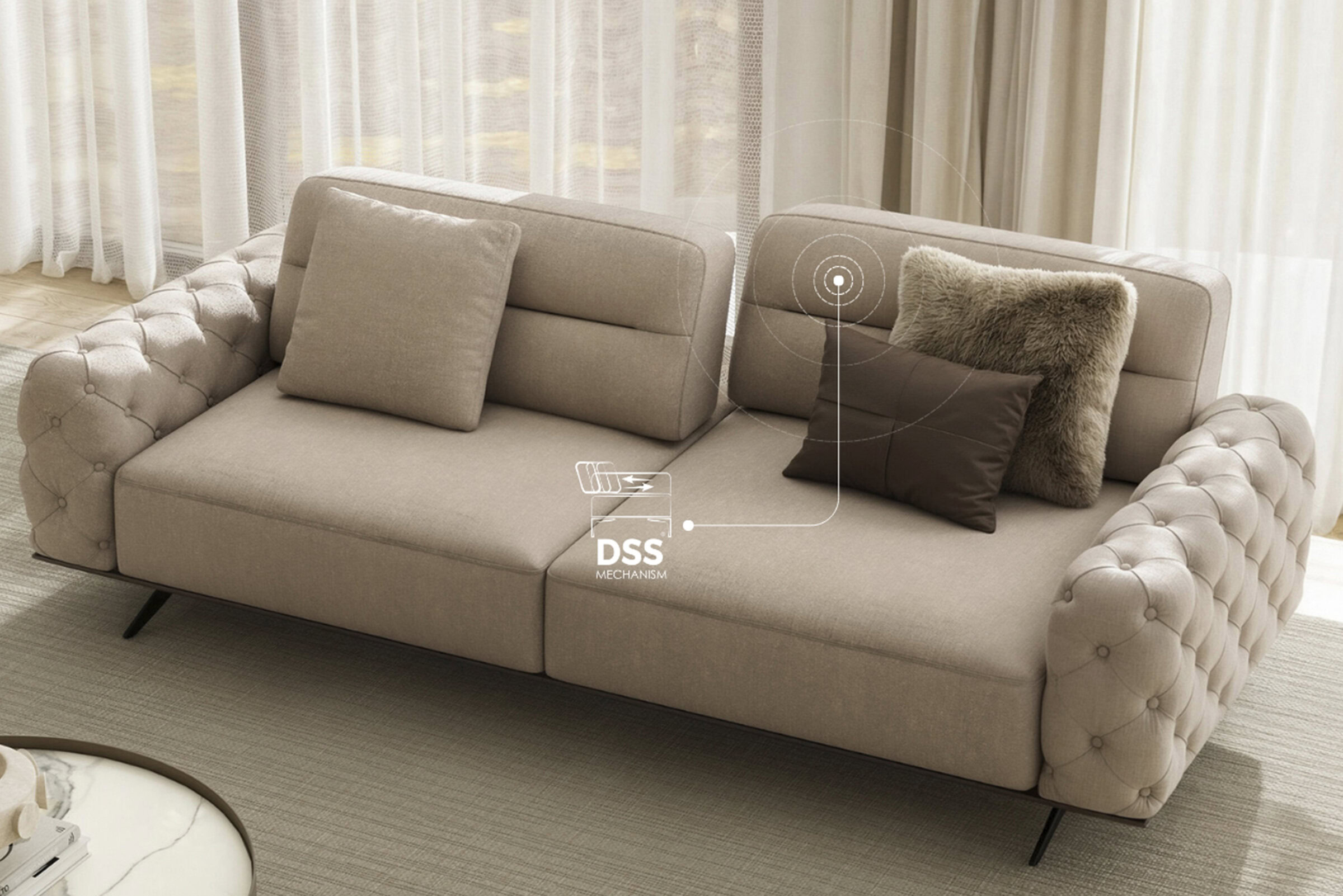 Soft beige upholstered sofa with tufted armrests, decorative pillows, and modern black legs, showcasing elegant furniture design from Saloni Furniture.