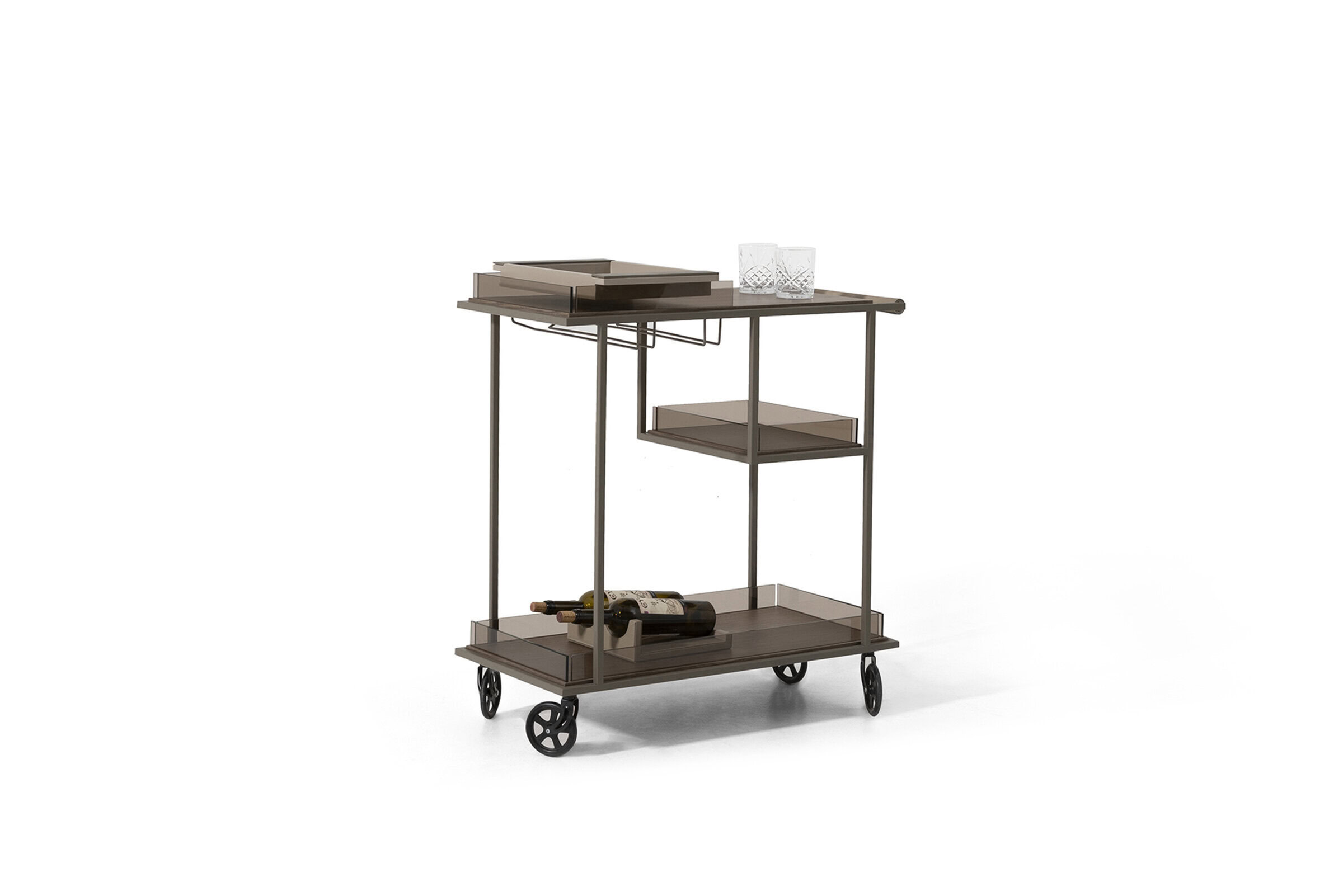 Contemporary wine bar cart with wood and metal frame, featuring multiple shelves and wheels, perfect for stylish home bar or living room storage solutions.