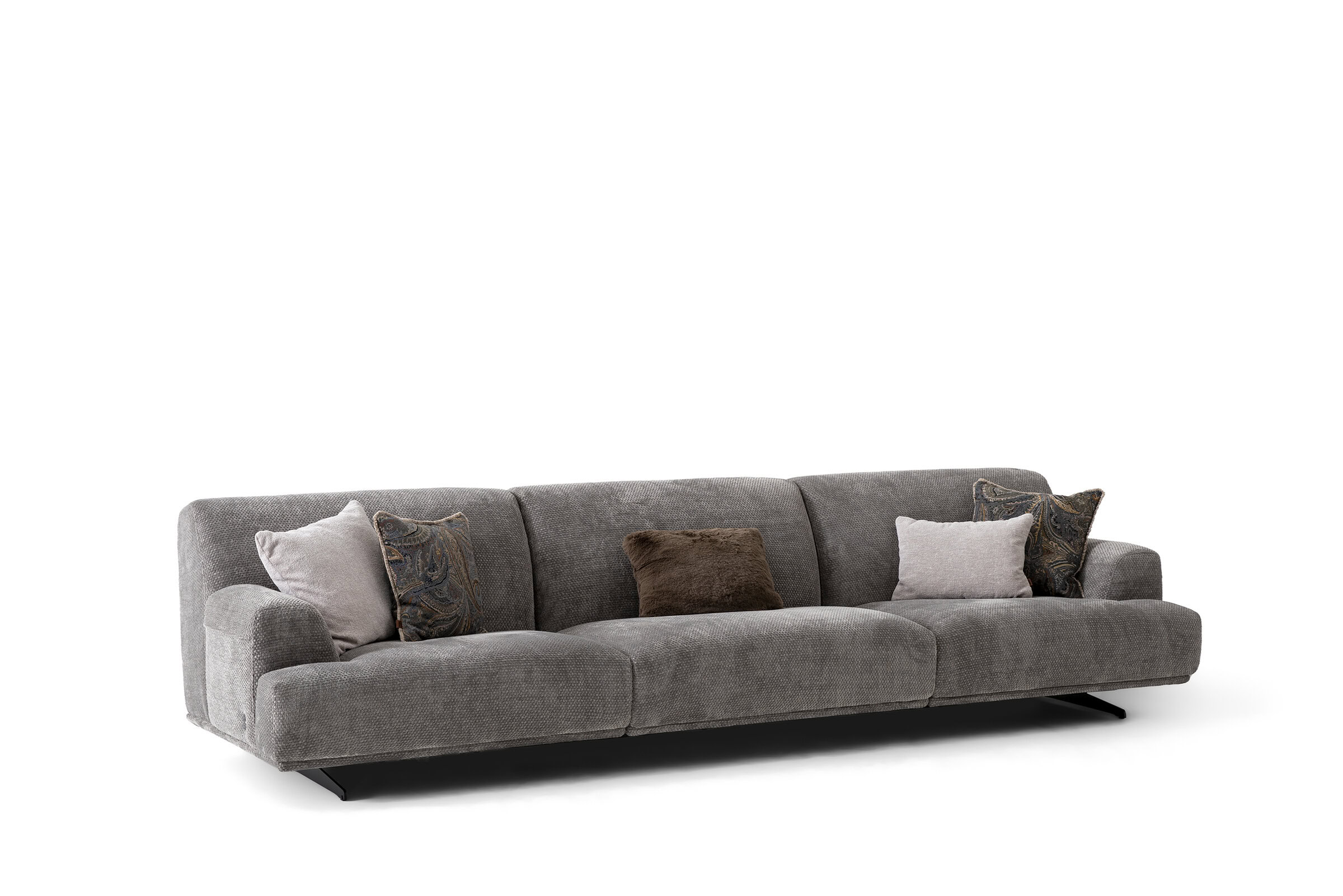 Grey upholstered sofa with plush cushions, perfect for contemporary living rooms and family spaces. Designed for comfort and durability, ideal for modern home decor.