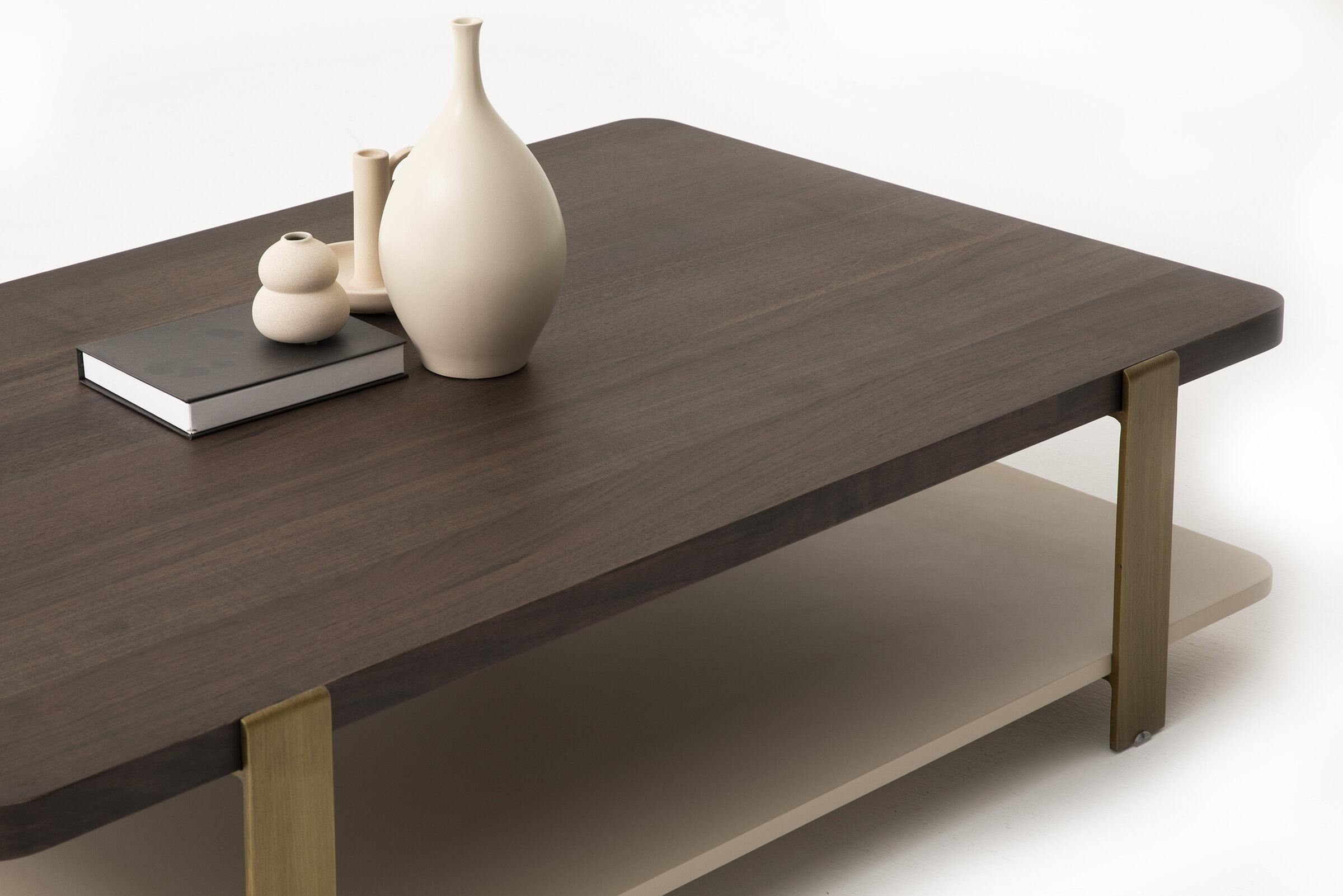 Sleek modern wooden coffee table with clean lines and minimalist design, featuring a lower shelf perfect for storage or display, in a neutral tone.